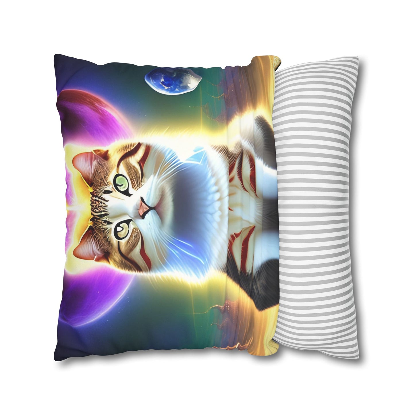 Divine Arts Faux Suede Double-Sided Square Pillow Case - Fantasy Galaxy Space Cat Lover Female Brown and White Tabby Cat with Heterochromia and a Bright Yellow & Purple Aura Spiritual Pillow Cover in Four Sizes