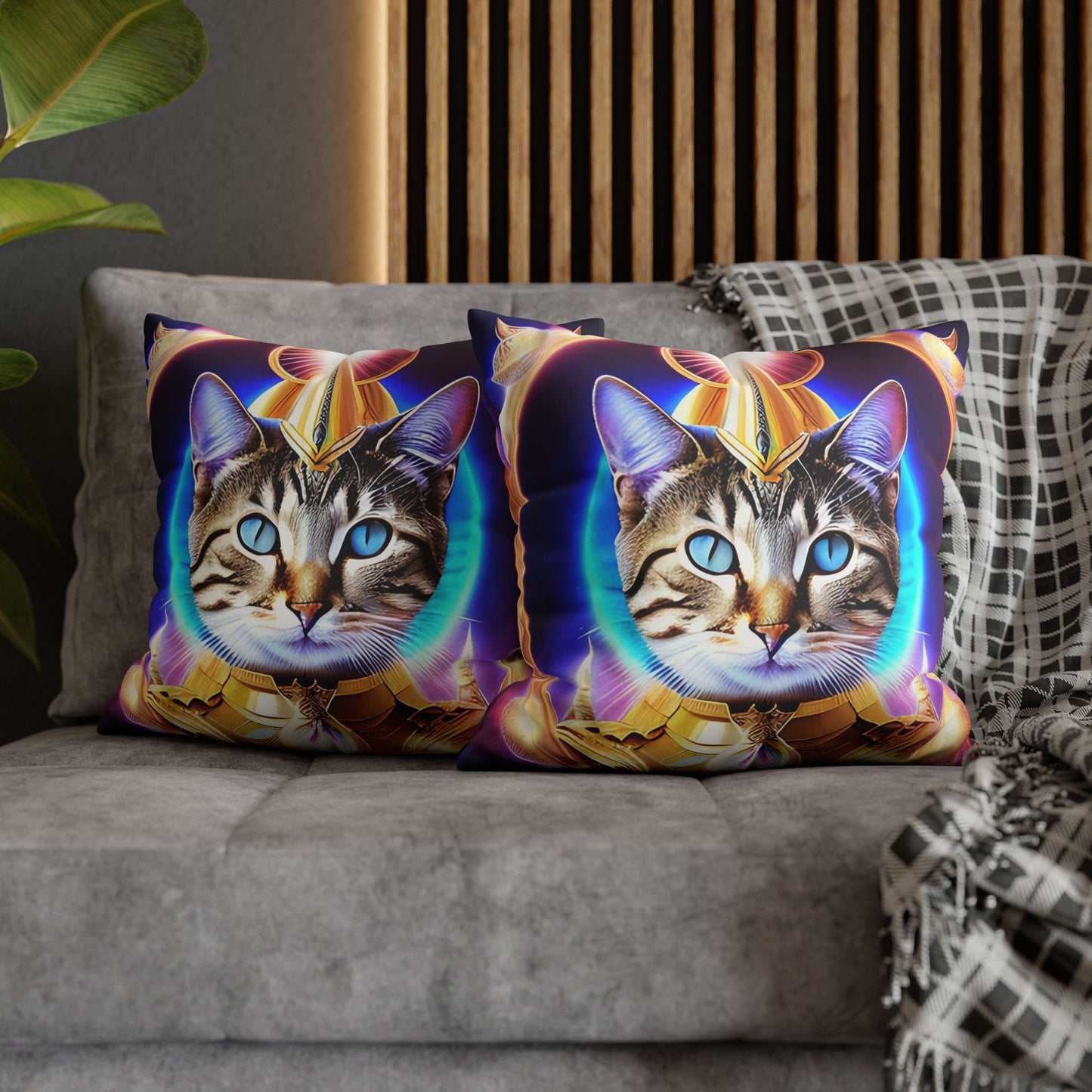 Divine Arts Faux Suede Double-Sided Square Pillow Case - Fantasy Galaxy Space Cat Lover Female Brown Gray Tabby Cat with Blue Eyes in Ornate Golden Armor with Light Blue Maharaic Shied Aura as Realized Merkaba Master Pillow Cover in Four Sizes