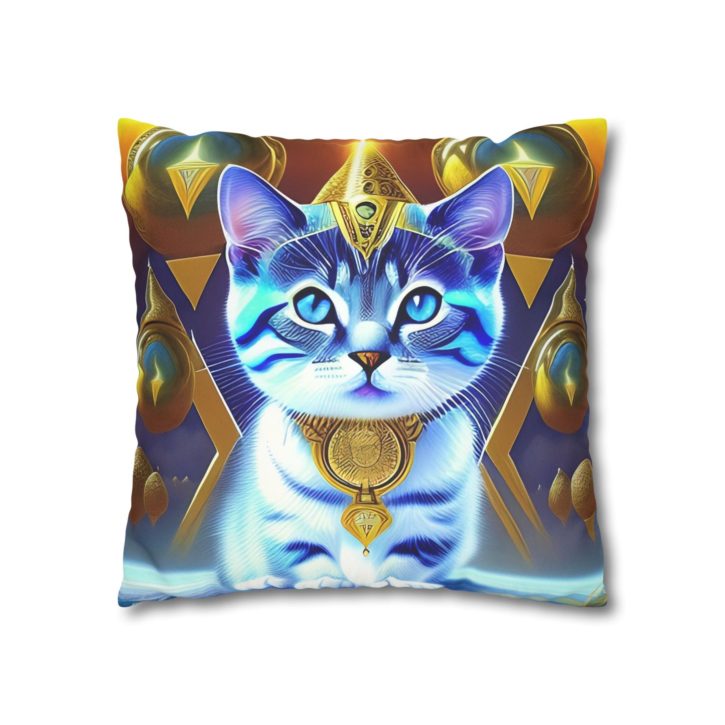 Divine Arts Faux Suede Double-Sided Square Pillow Case in Four Sizes - Fantasy Galaxy Space Cat Lover Male Gray and White Tabby Kitten with Blue Eyes in Golden Merkaba Chamber Wielding the Merkaba