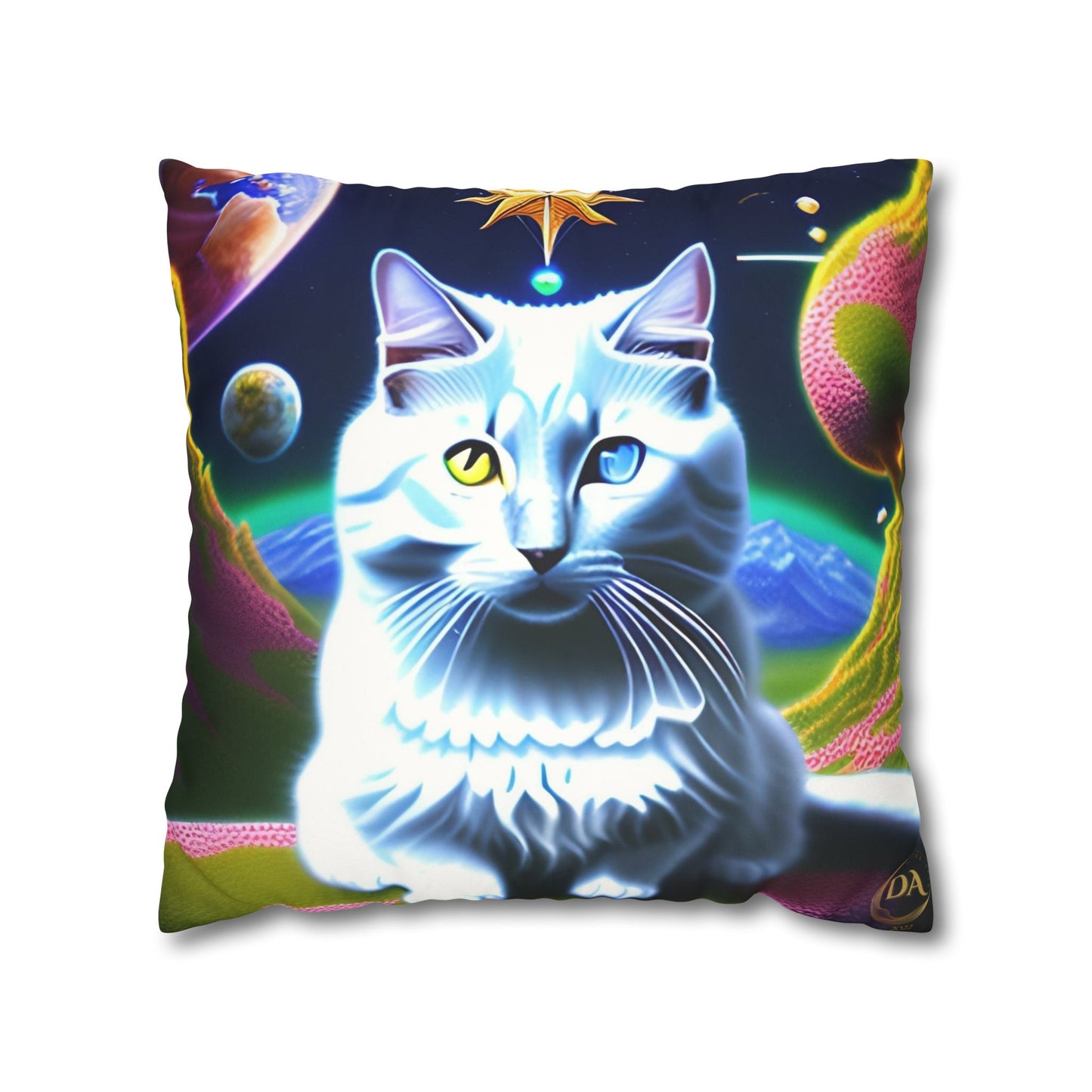 Divine Arts Faux Suede Double-Sided Square Pillow Case in Four Sizes - Fantasy Galaxy Space Cat Lover Portrait of White Female Cat With Yellow & Blie Heterochromia Eyes In Space Amidssr Blue & Pink Cosmic Swirls Meditating in Trance On A Golden Merkaba