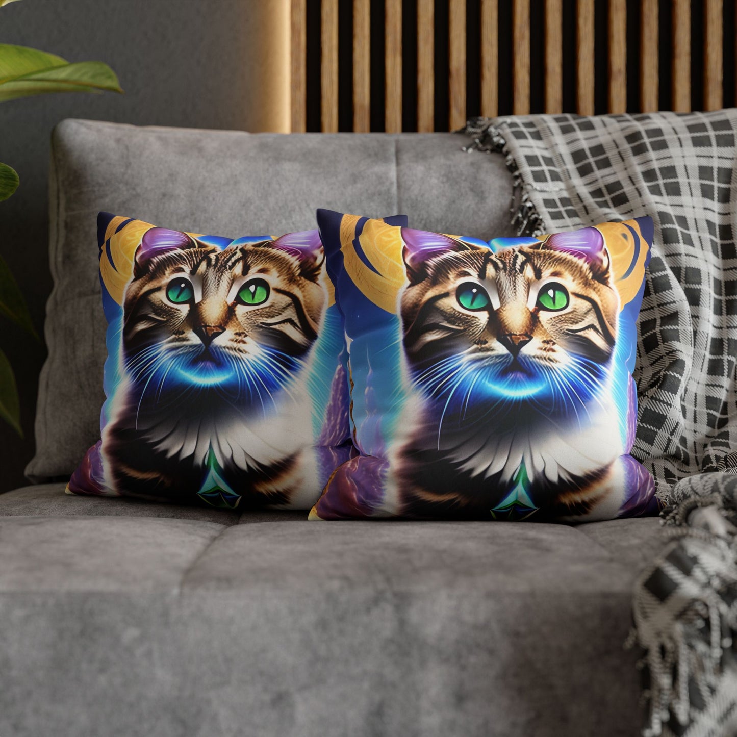 Divine Arts Faux Suede Double-Sided Square Pillow Case in Four Sizes - Fantasy Galaxy Space Cat Lover Male Brown Tabby Cat with Green Eyes Green Merkaba & Golden Aura Plates in Moutains