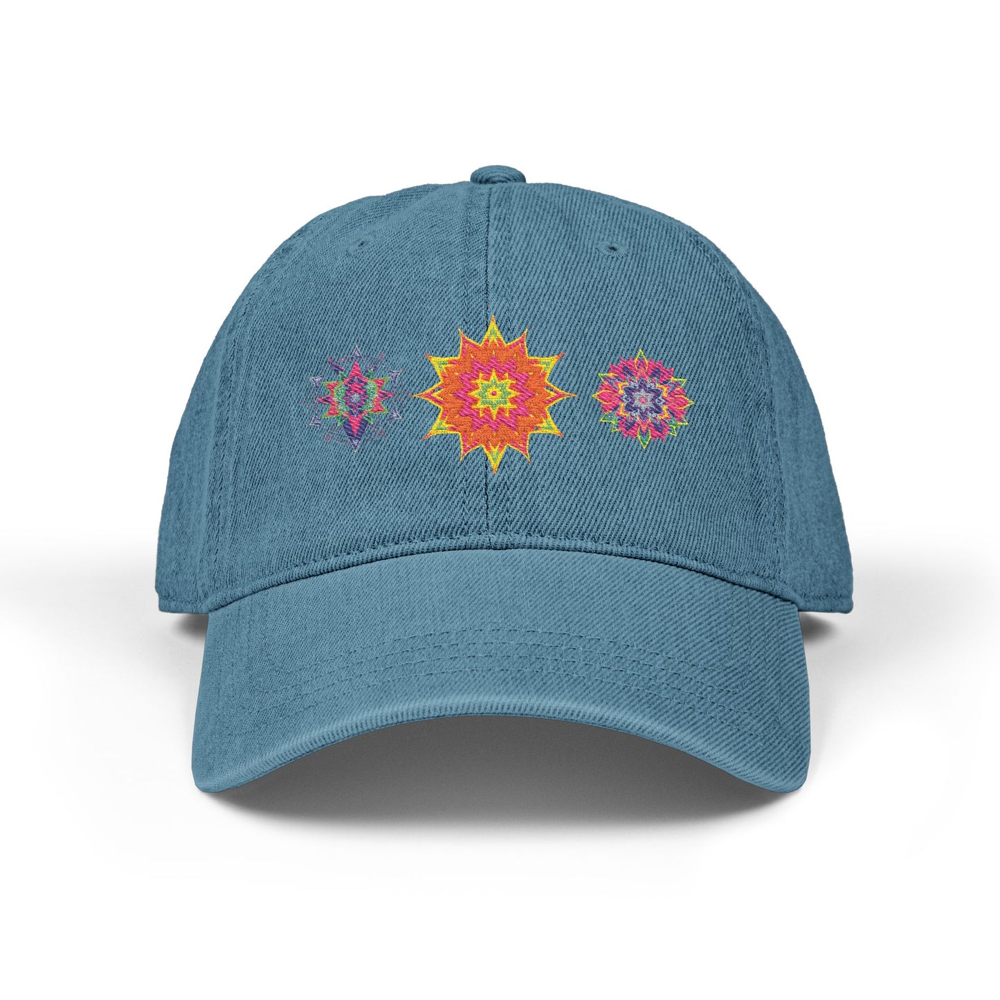 Denim Cap (Embroidery), 100% Cotton, Three Unique Embroidery Merkabas, Neon Galaxy Starry Light, Lotus Jewel Design by Divine Arts