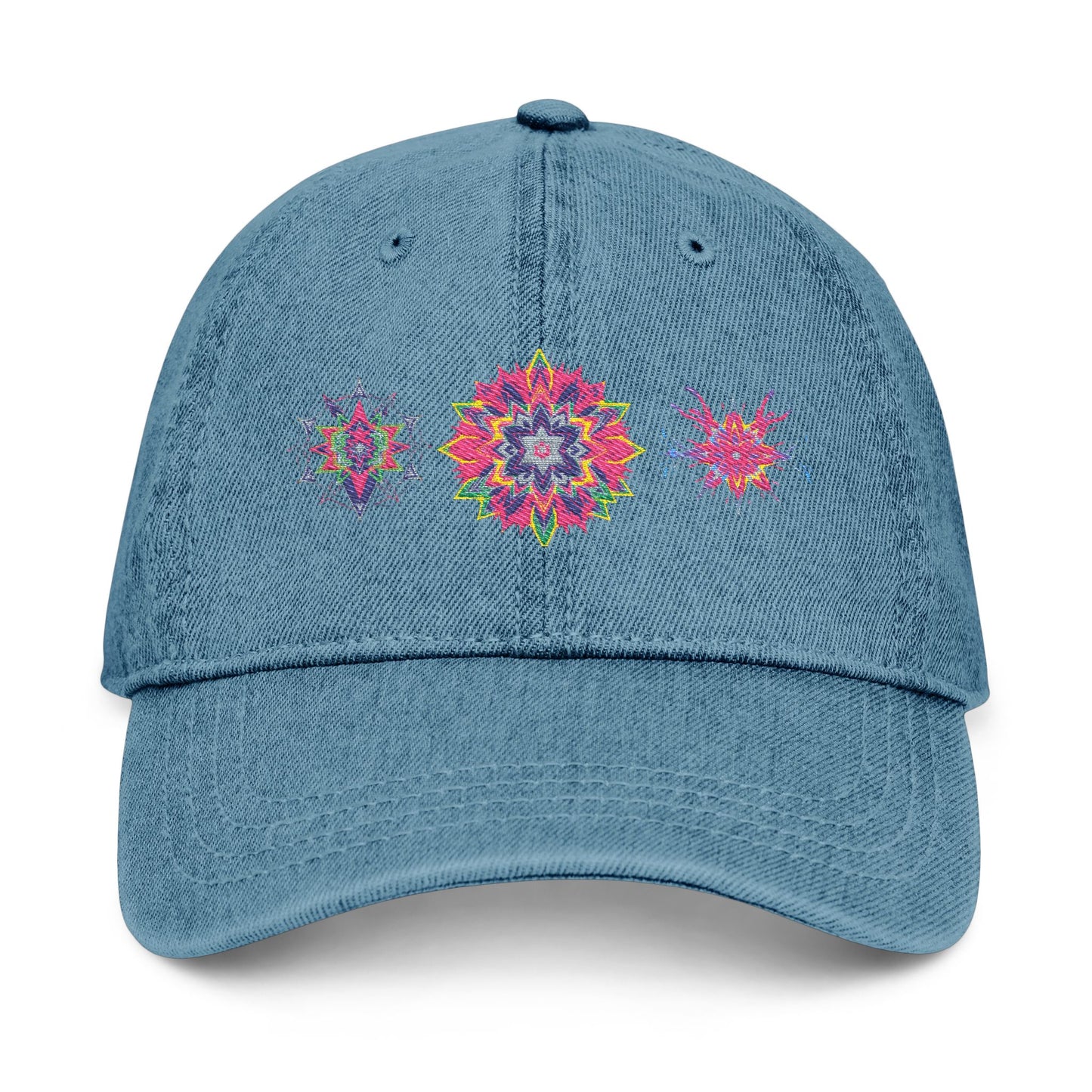 Denim Cap (Embroidery), 100% Cotton, Three Unique Embroidery Merkabas, Neon Galaxy Starry Light, Lotus Jewel Design by Divine Arts
