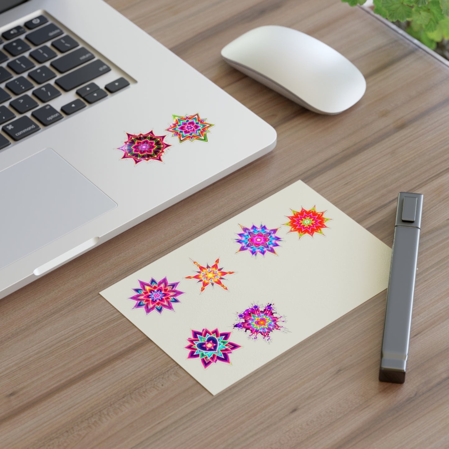 Kaleidoscope Starburst Vinyl Sticker Sheet (6x4) — Colorful Galaxy Art, White Transparent Holographic Die Cut Merkaba Decals by Divine Arts