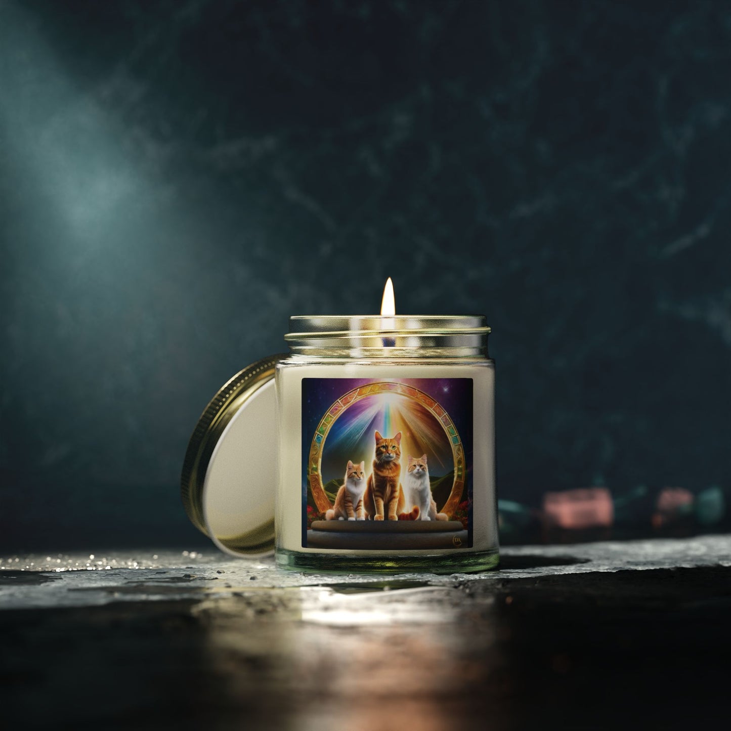 Premium Coconut Apricot Wax Scented Candles, Various Floral & Spice Fragrances (4oz), Spiritual Christmas Holiday Cat Lover Pet Gift, Ginger Tabby & White Cats Galaxy Space Fantasy Cat Art, by Divine Arts