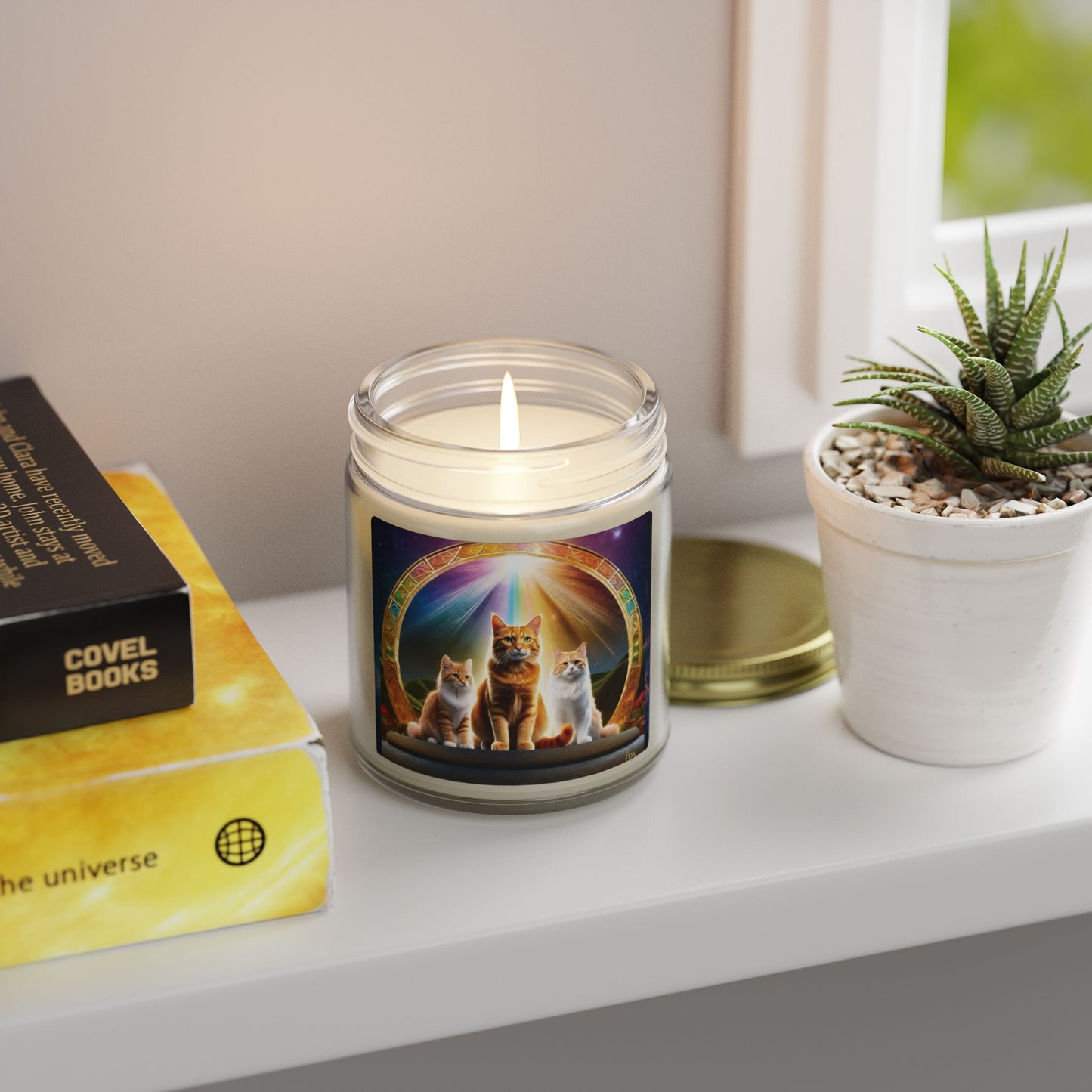 Premium Coconut Apricot Wax Scented Candles, Various Floral & Spice Fragrances (4oz), Spiritual Christmas Holiday Cat Lover Pet Gift, Ginger Tabby & White Cats Galaxy Space Fantasy Cat Art, by Divine Arts