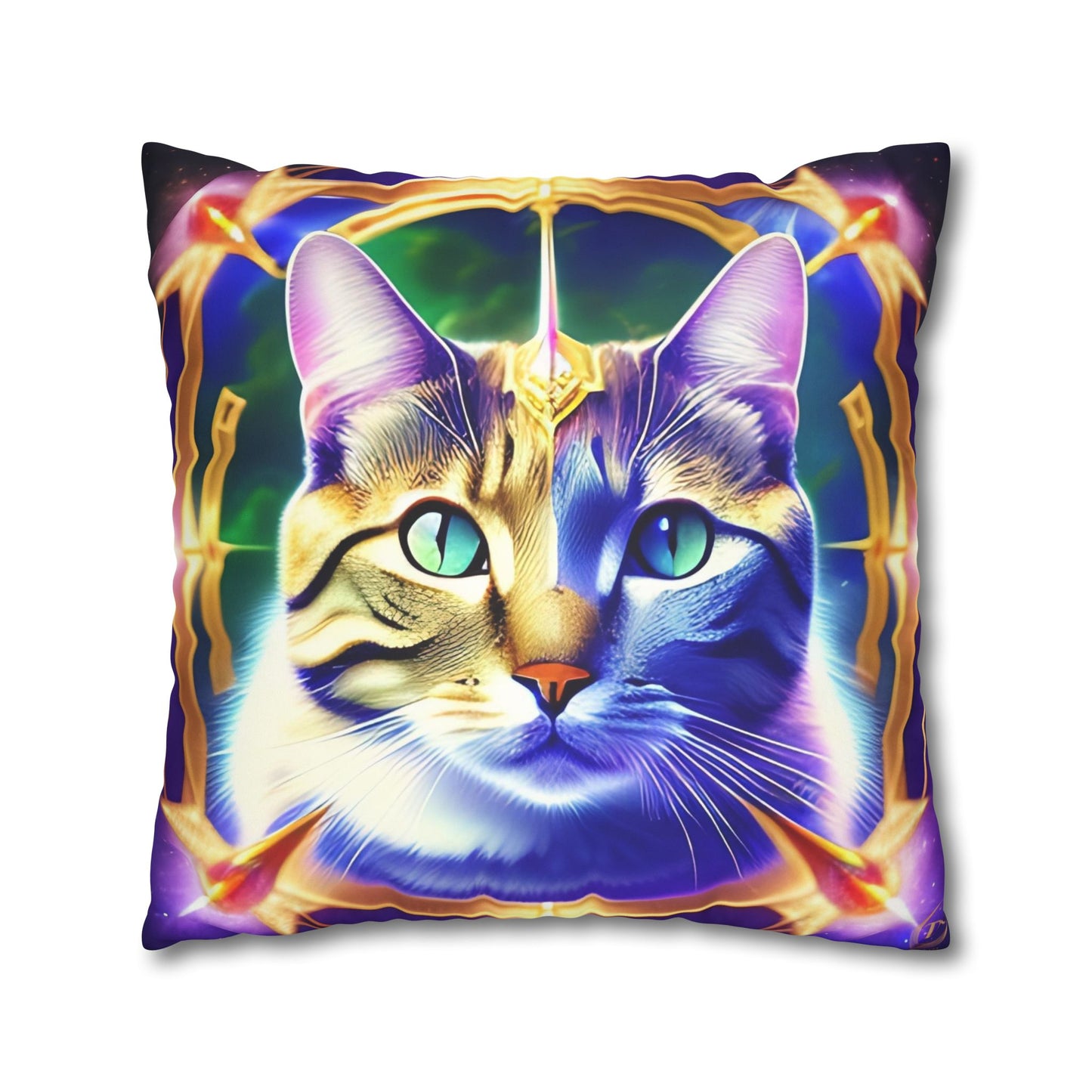 Divine Arts Faux Suede Double-Sided Square Pillow Case - Fantasy Galaxy Space Cat Lover Male Gray & Brown Tabby Cat with Green Eyes with Blue, Green & Orange Aura and Ornate Light Blue and Purple Crystal Collar Merkaba Pillow Cover in Four Sizes