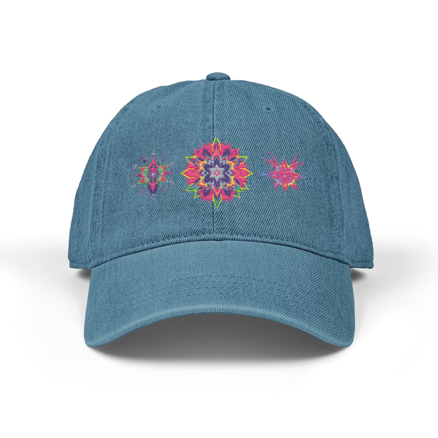 Denim Cap (Embroidery), 100% Cotton, Three Unique Embroidery Merkabas, Neon Galaxy Starry Light, Lotus Jewel Design by Divine Arts