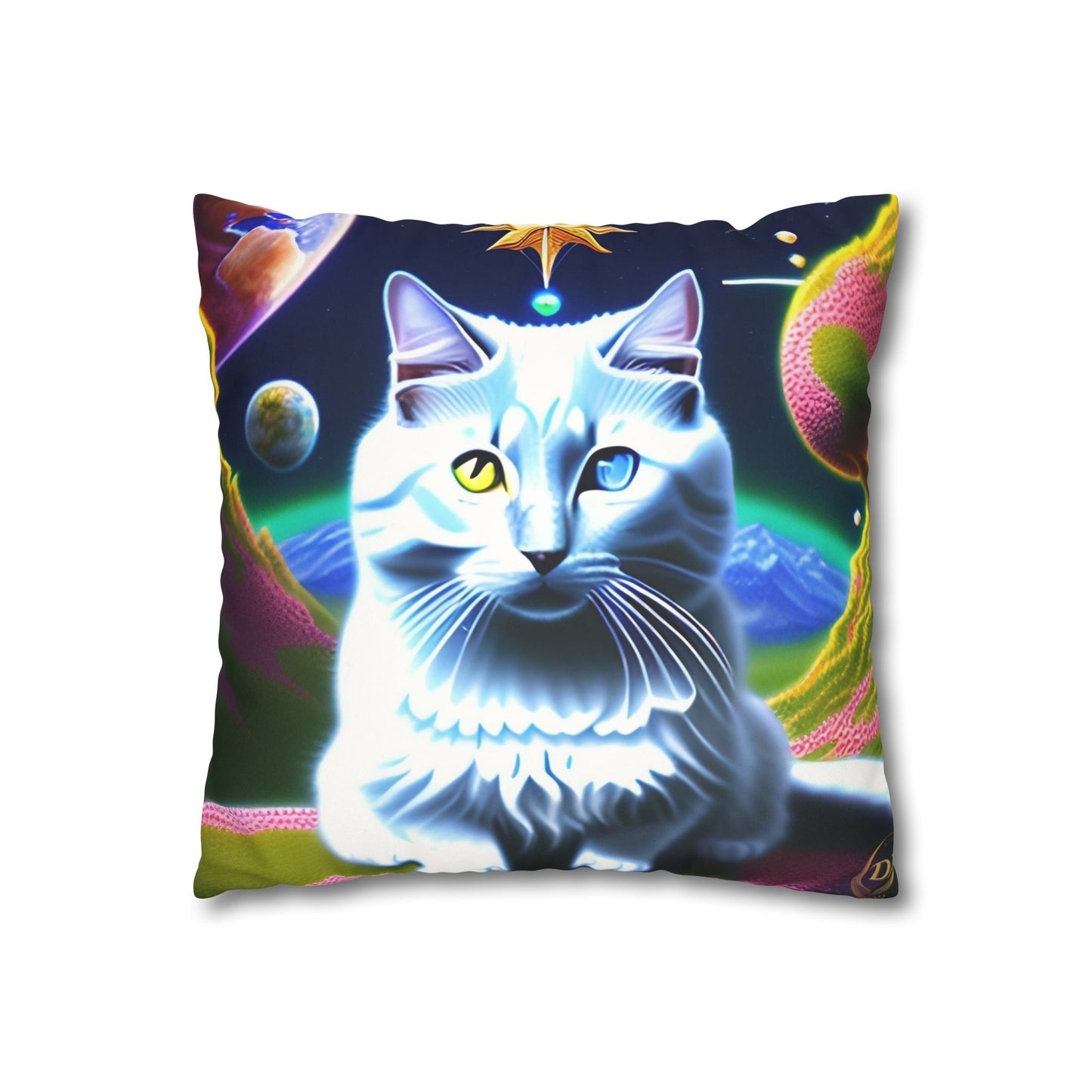 Divine Arts Faux Suede Double-Sided Square Pillow Case in Four Sizes - Fantasy Galaxy Space Cat Lover Portrait of White Female Cat With Yellow & Blie Heterochromia Eyes In Space Amidssr Blue & Pink Cosmic Swirls Meditating in Trance On A Golden Merkaba