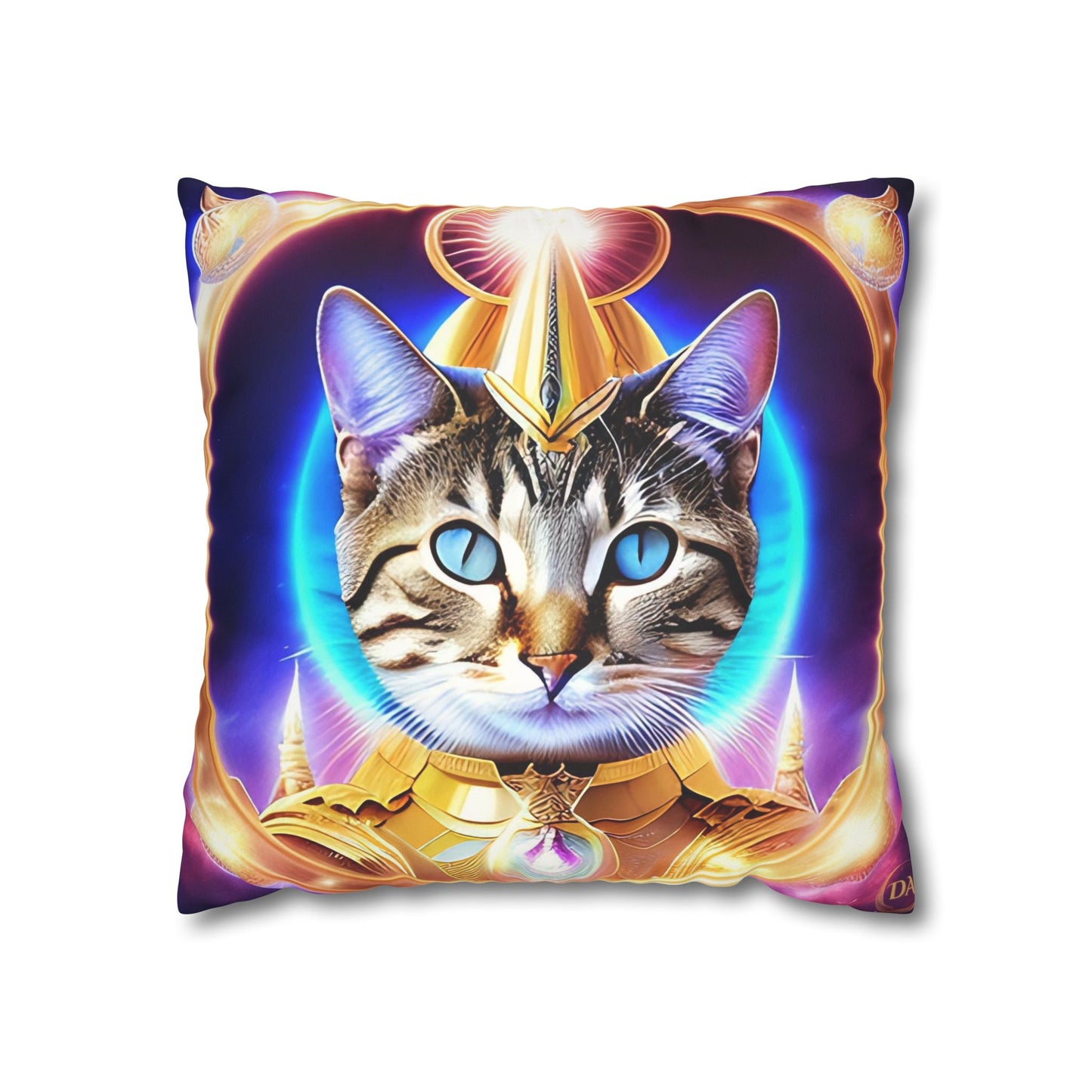 Divine Arts Faux Suede Double-Sided Square Pillow Case - Fantasy Galaxy Space Cat Lover Female Brown Gray Tabby Cat with Blue Eyes in Ornate Golden Armor with Light Blue Maharaic Shied Aura as Realized Merkaba Master Pillow Cover in Four Sizes