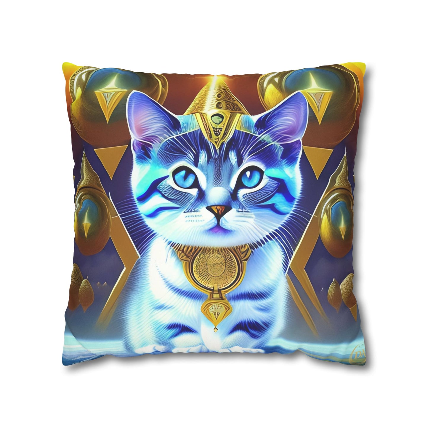 Divine Arts Faux Suede Double-Sided Square Pillow Case in Four Sizes - Fantasy Galaxy Space Cat Lover Male Gray and White Tabby Kitten with Blue Eyes in Golden Merkaba Chamber Wielding the Merkaba
