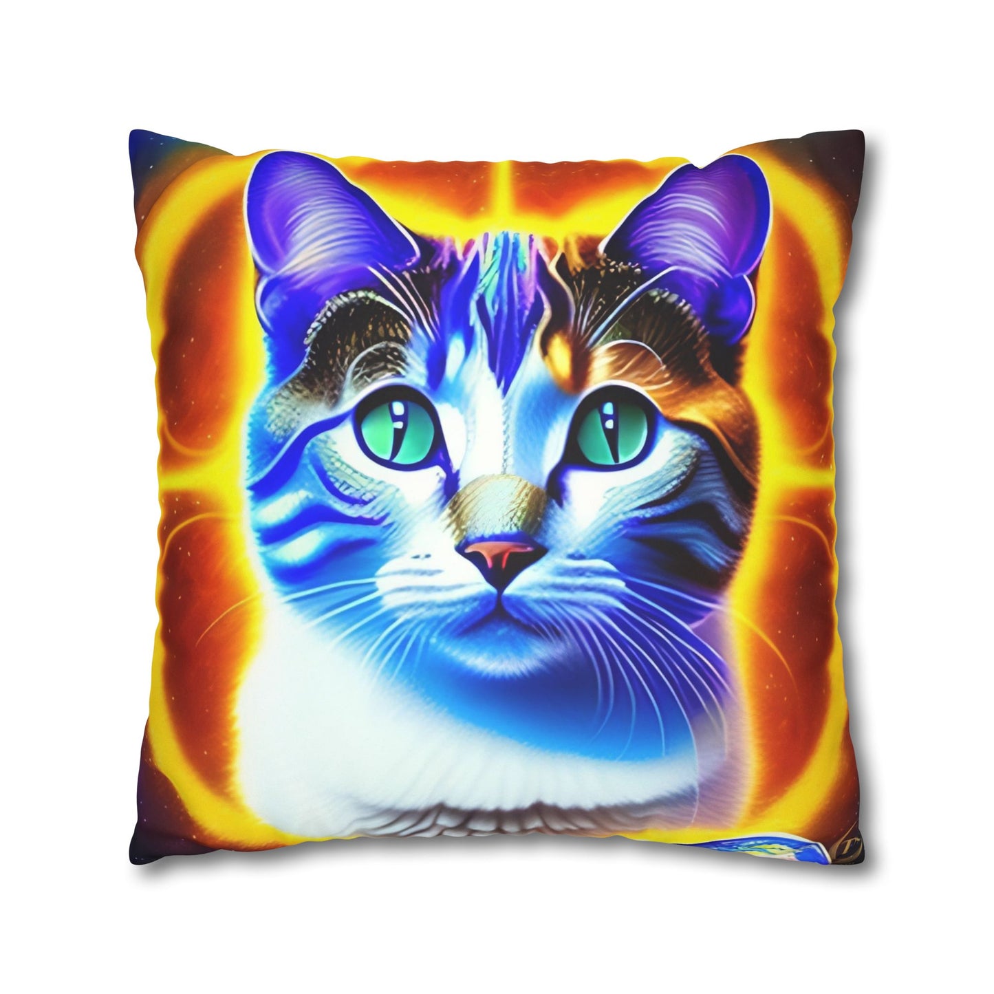 Divine Arts Faux Suede Double-Sided Square Pillow Case - Fantasy Galaxy Space Cat Lover Large Close Up View of the Face of a Female Brown Tabby Cat with Green Eyes With a Pulsing Yellow Orange Aura From Weilding the Merkaba Pillow Cover in Four Sizes