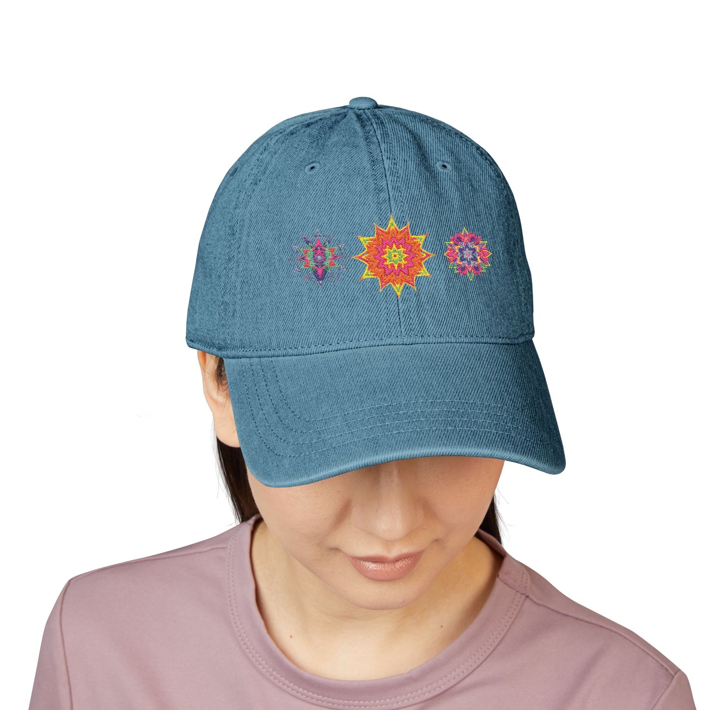 Denim Cap (Embroidery), 100% Cotton, Three Unique Embroidery Merkabas, Neon Galaxy Starry Light, Lotus Jewel Design by Divine Arts