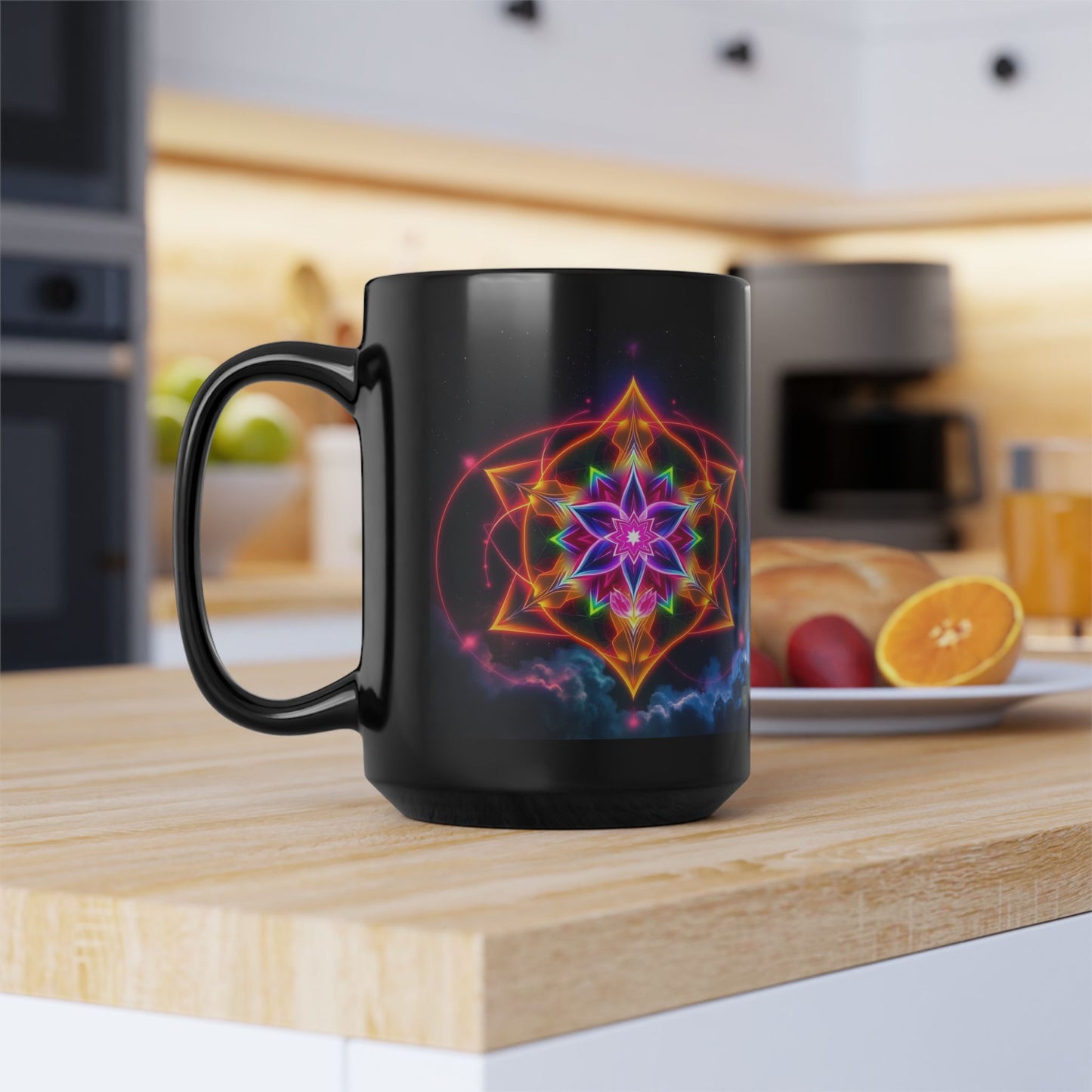 Black Ceramic Mug 15 oz— Vibrant Sacred Heart Sacred Geometry Light Body Merkaba Coffee Cup by Divine Arts