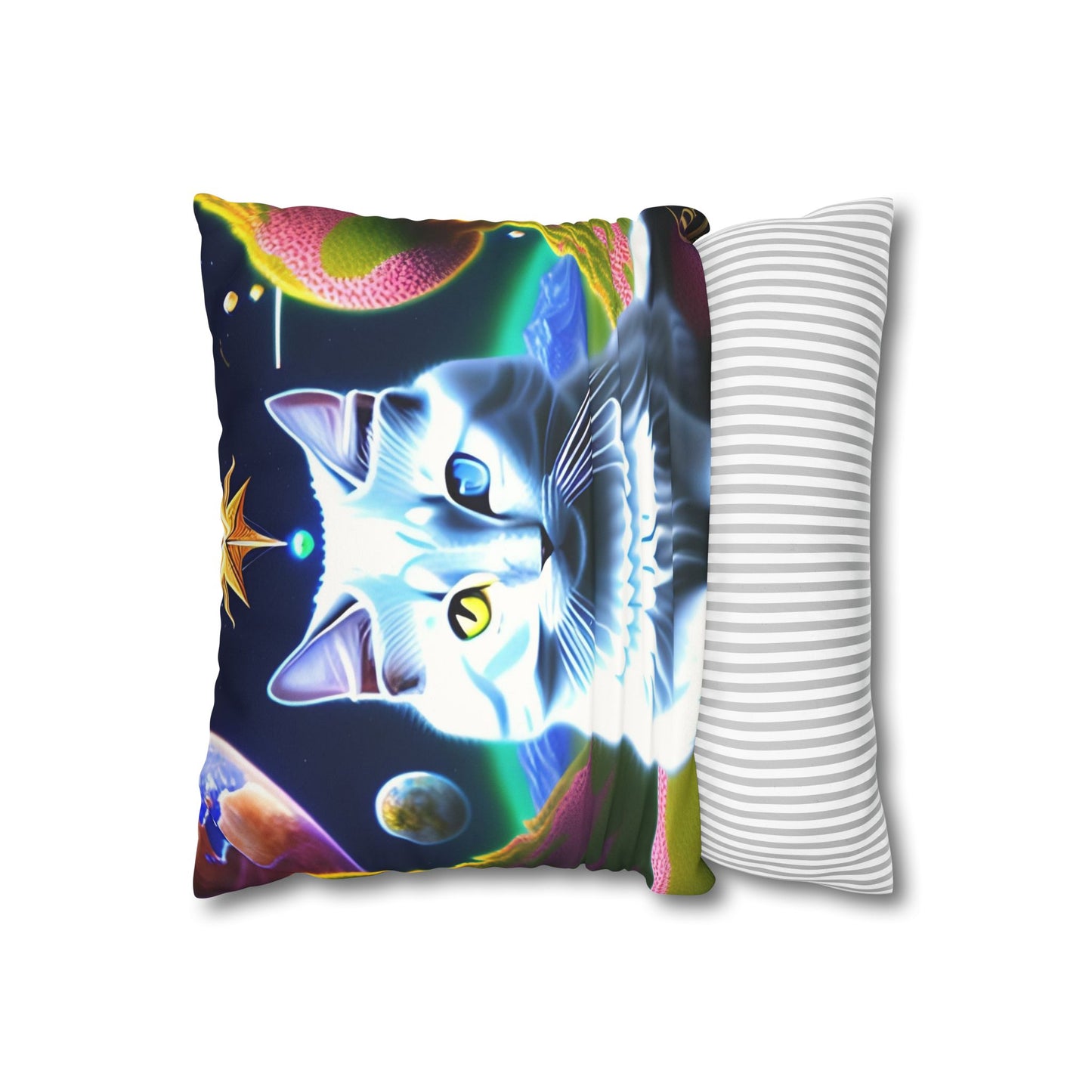 Divine Arts Faux Suede Double-Sided Square Pillow Case in Four Sizes - Fantasy Galaxy Space Cat Lover Portrait of White Female Cat With Yellow & Blie Heterochromia Eyes In Space Amidssr Blue & Pink Cosmic Swirls Meditating in Trance On A Golden Merkaba