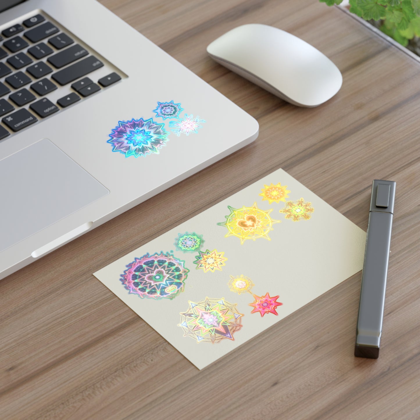 Kaleidoscope Starburst Sticker Sheet — Colorful Galaxy Art, White Transparent Holographic Die Cut Merkaba Decals by Divine Arts
