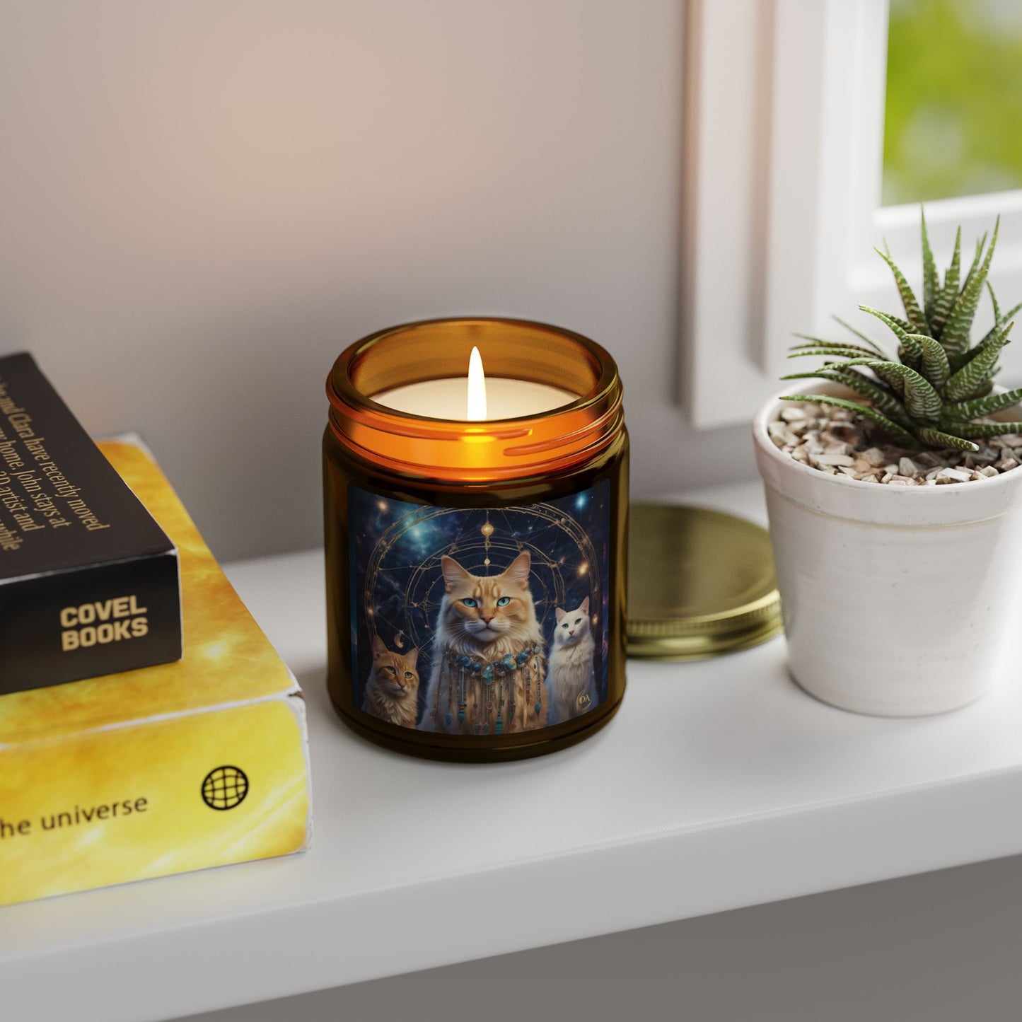 Premium Coconut Apricot Wax Scented Candles, Various Floral & Spice Fragrances (4oz), Spiritual Christmas Holiday Cat Lover Pet Gift, Ginger & White Cats Galaxy Space Fantasy Tribal Art, by Divine Arts