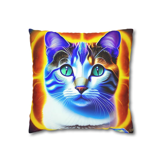 Divine Arts Faux Suede Double-Sided Square Pillow Case - Fantasy Galaxy Space Cat Lover Large Close Up View of the Face of a Female Brown Tabby Cat with Green Eyes With a Pulsing Yellow Orange Aura From Weilding the Merkaba Pillow Cover in Four Sizes