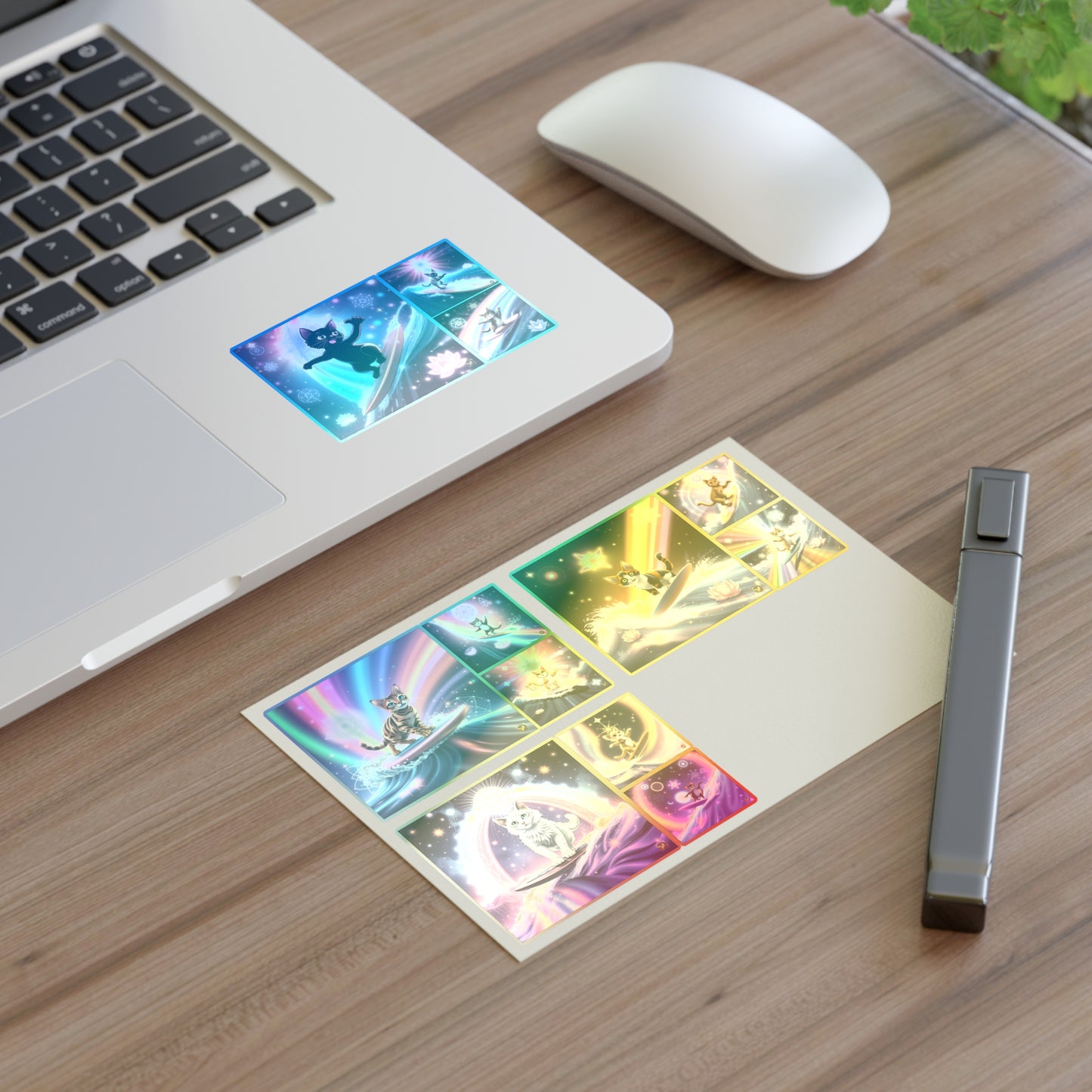 Cosmic Surfing Cat Sticker Sheets (6" x 4") — Rainbow Lotus Light Sacred Geomtry Galaxy Cat Decals by Divine Arts