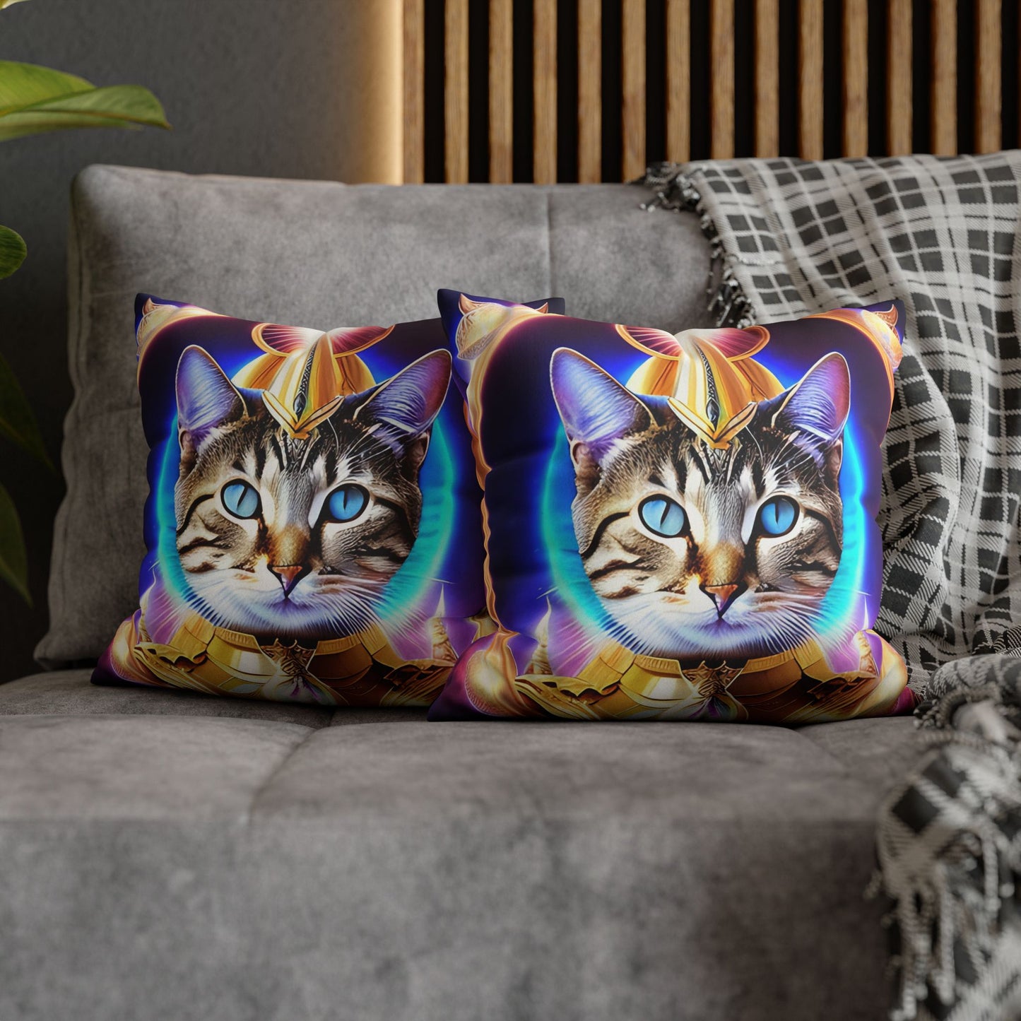 Divine Arts Faux Suede Double-Sided Square Pillow Case - Fantasy Galaxy Space Cat Lover Female Brown Gray Tabby Cat with Blue Eyes in Ornate Golden Armor with Light Blue Maharaic Shied Aura as Realized Merkaba Master Pillow Cover in Four Sizes