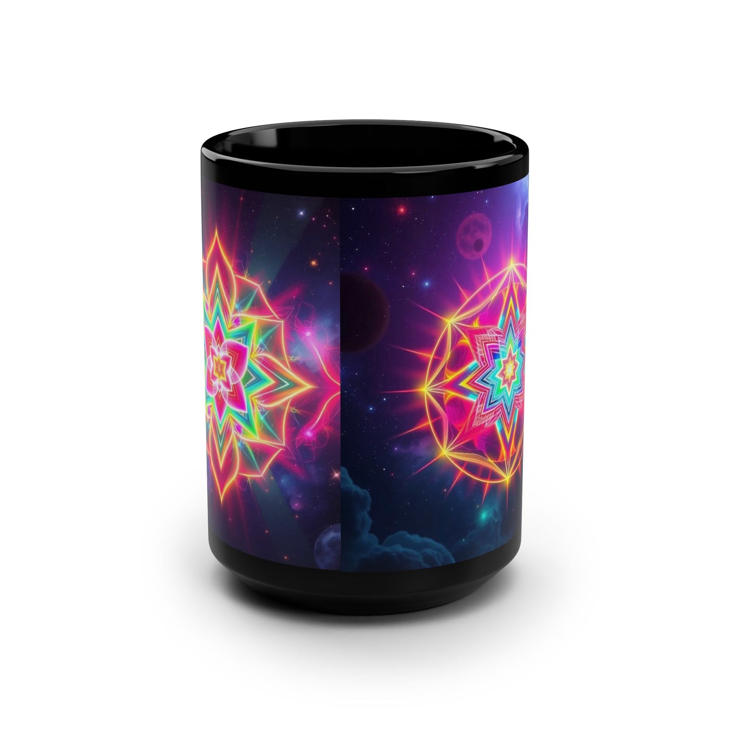 Black Ceramic Mug  15 oz — Neon Merkaba Cosmic Coffee Cup by Divine Arts