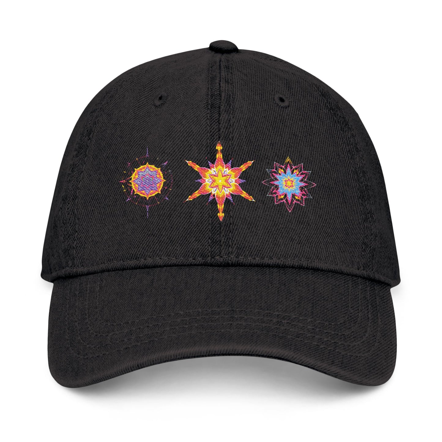 Denim Cap (Embroidery), 100% Cotton, Three Unique Embroidery Merkabas, Neon Galaxy Starry Light, Lotus Jewel Design by Divine Arts