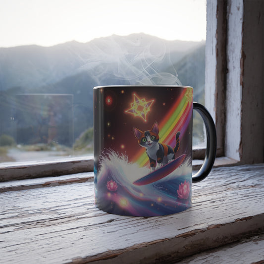 Color-Changing Galaxy Cats Mug — Cosmic Grey and Calico Cats & Lotus Rainbow Sacred Geometry Merkaba Magic 11oz by Divine Arts