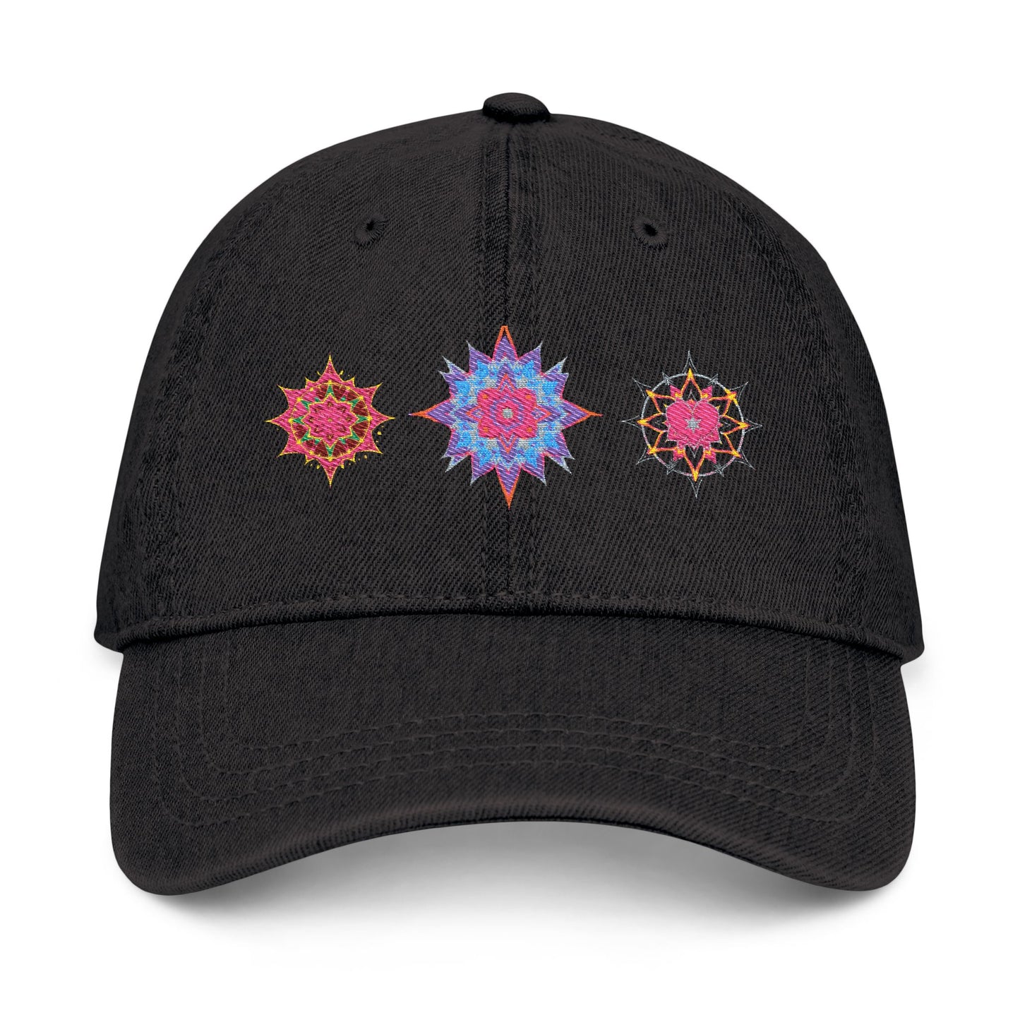 Denim Cap (Embroidery), 100% Cotton, Three Unique Embroidery Merkabas, Neon Galaxy Starry Light, Lotus Jewel Design by Divine Arts