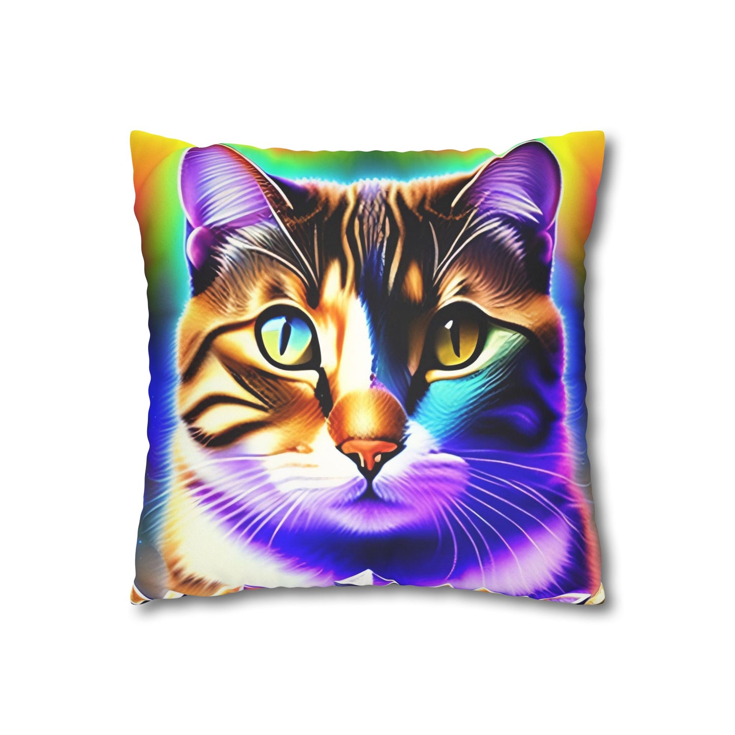 Divine Arts Faux Suede Double-Sided Square Pillow Case - Fantasy Galaxy Space Cat Lover Brown Tabby Cat with Heterochromia Meditating in Rainbow Trance Colors Pillow Cover in Four Sizes