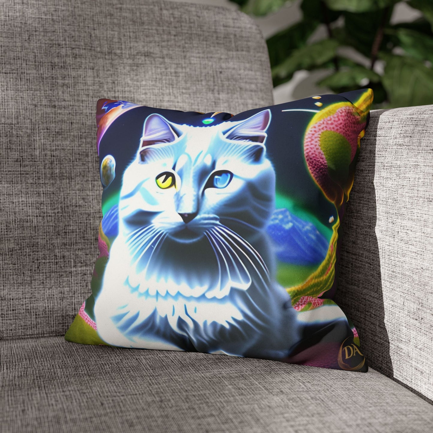 Divine Arts Faux Suede Double-Sided Square Pillow Case in Four Sizes - Fantasy Galaxy Space Cat Lover Portrait of White Female Cat With Yellow & Blie Heterochromia Eyes In Space Amidssr Blue & Pink Cosmic Swirls Meditating in Trance On A Golden Merkaba
