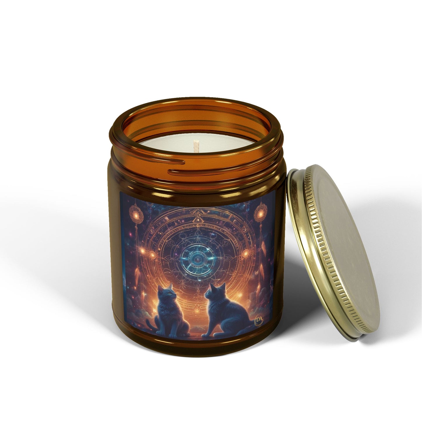 Premium Coconut Apricot Wax Scented Candles, Various Floral & Spice Fragrances (4oz), Spiritual Christmas Holiday Cat Lover Pet Gift, Black Cats Sacred Geometry Galaxy Space Fantasy Cat Art, by Divine Arts