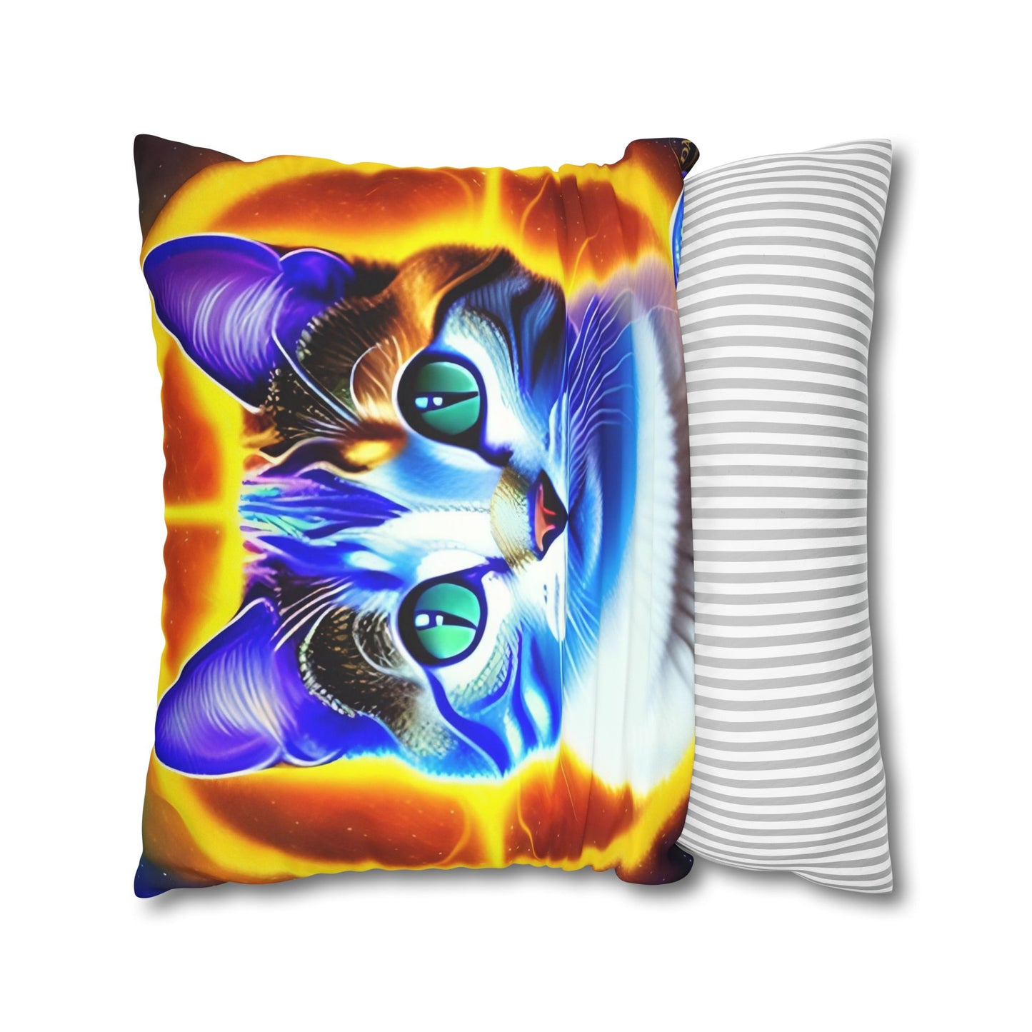 Divine Arts Faux Suede Double-Sided Square Pillow Case - Fantasy Galaxy Space Cat Lover Large Close Up View of the Face of a Female Brown Tabby Cat with Green Eyes With a Pulsing Yellow Orange Aura From Weilding the Merkaba Pillow Cover in Four Sizes