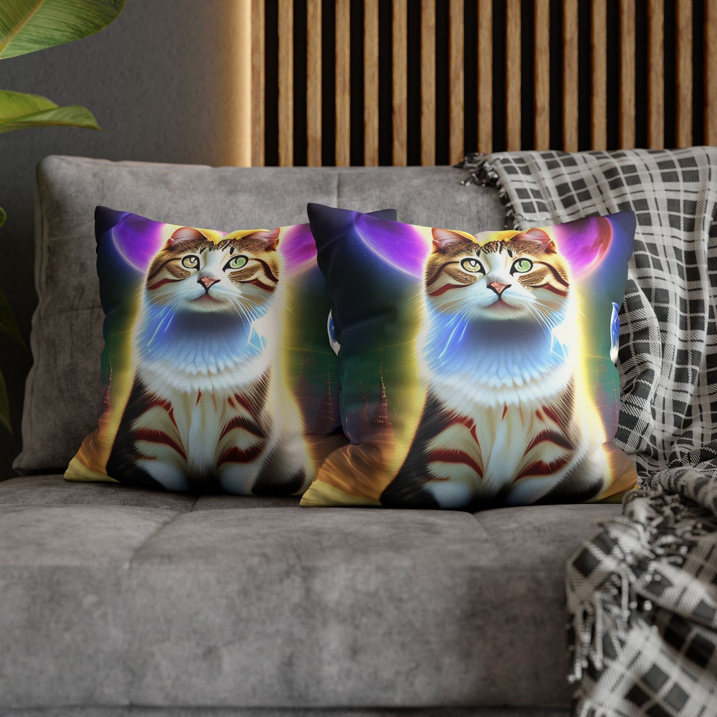 Divine Arts Faux Suede Double-Sided Square Pillow Case - Fantasy Galaxy Space Cat Lover Female Brown and White Tabby Cat with Heterochromia and a Bright Yellow & Purple Aura Spiritual Pillow Cover in Four Sizes