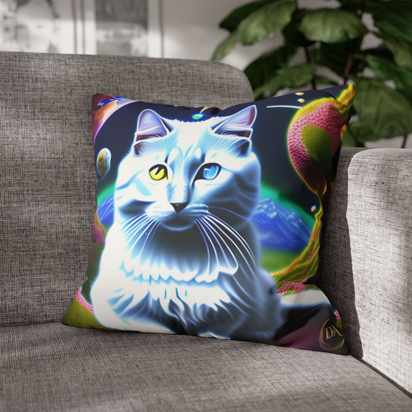 Divine Arts Faux Suede Double-Sided Square Pillow Case in Four Sizes - Fantasy Galaxy Space Cat Lover Portrait of White Female Cat With Yellow & Blie Heterochromia Eyes In Space Amidssr Blue & Pink Cosmic Swirls Meditating in Trance On A Golden Merkaba