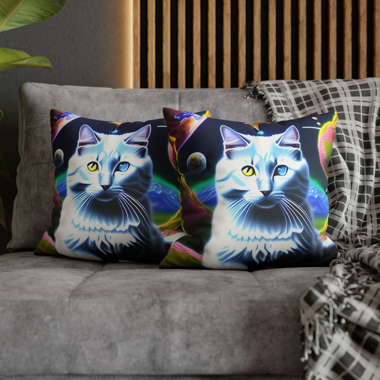 Divine Arts Faux Suede Double-Sided Square Pillow Case in Four Sizes - Fantasy Galaxy Space Cat Lover Portrait of White Female Cat With Yellow & Blie Heterochromia Eyes In Space Amidssr Blue & Pink Cosmic Swirls Meditating in Trance On A Golden Merkaba
