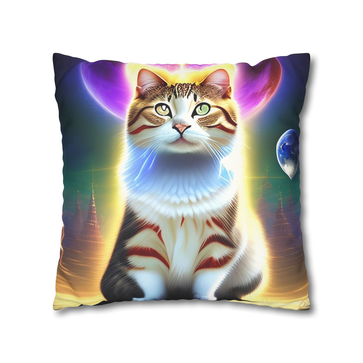 Divine Arts Faux Suede Double-Sided Square Pillow Case - Fantasy Galaxy Space Cat Lover Female Brown and White Tabby Cat with Heterochromia and a Bright Yellow & Purple Aura Spiritual Pillow Cover in Four Sizes