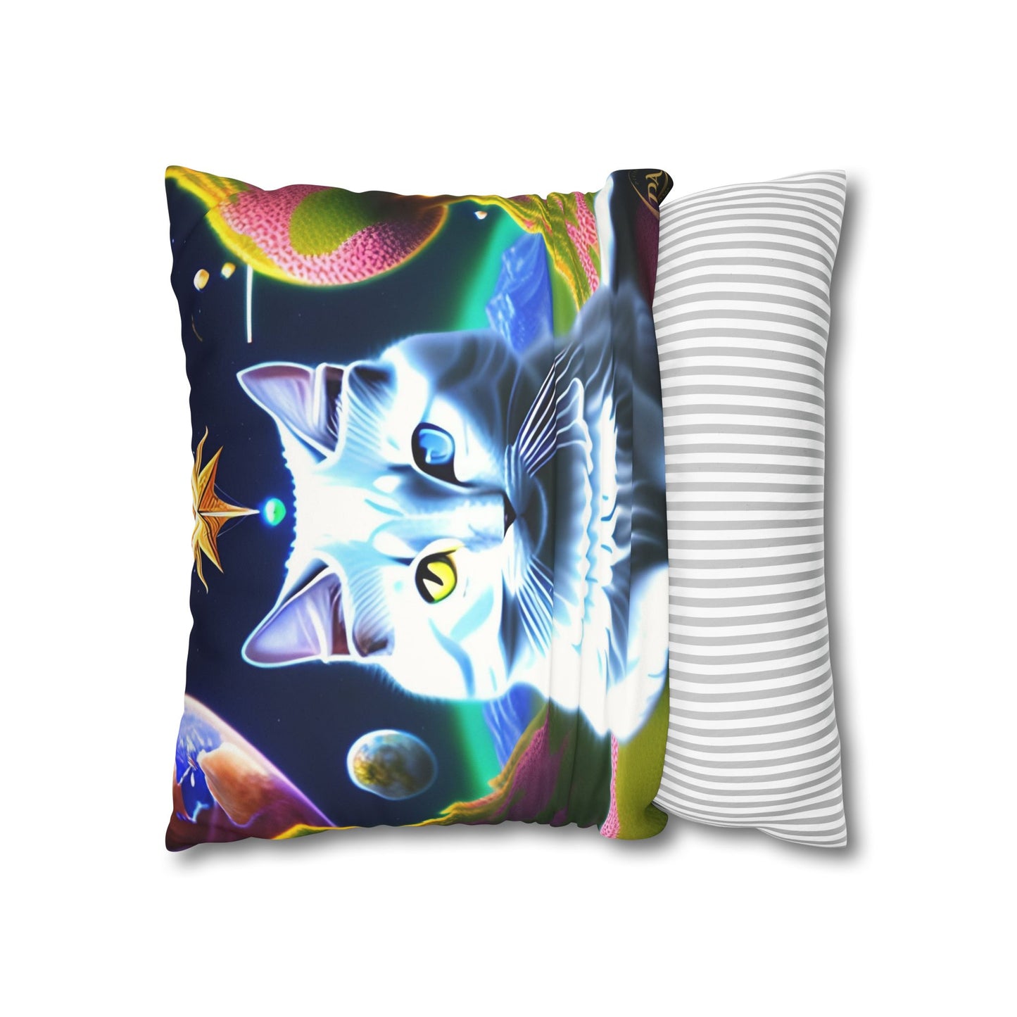 Divine Arts Faux Suede Double-Sided Square Pillow Case in Four Sizes - Fantasy Galaxy Space Cat Lover Portrait of White Female Cat With Yellow & Blie Heterochromia Eyes In Space Amidssr Blue & Pink Cosmic Swirls Meditating in Trance On A Golden Merkaba