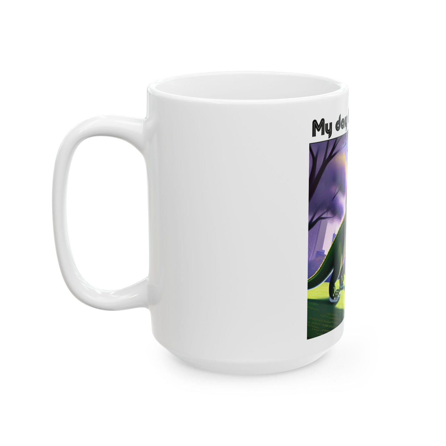 Ceramic Cat Humor Mug  (11oz/15oz) — 'Me Before Coffee' Tabby Cat Rides T-Rex Coffee Mug by Divine Arts