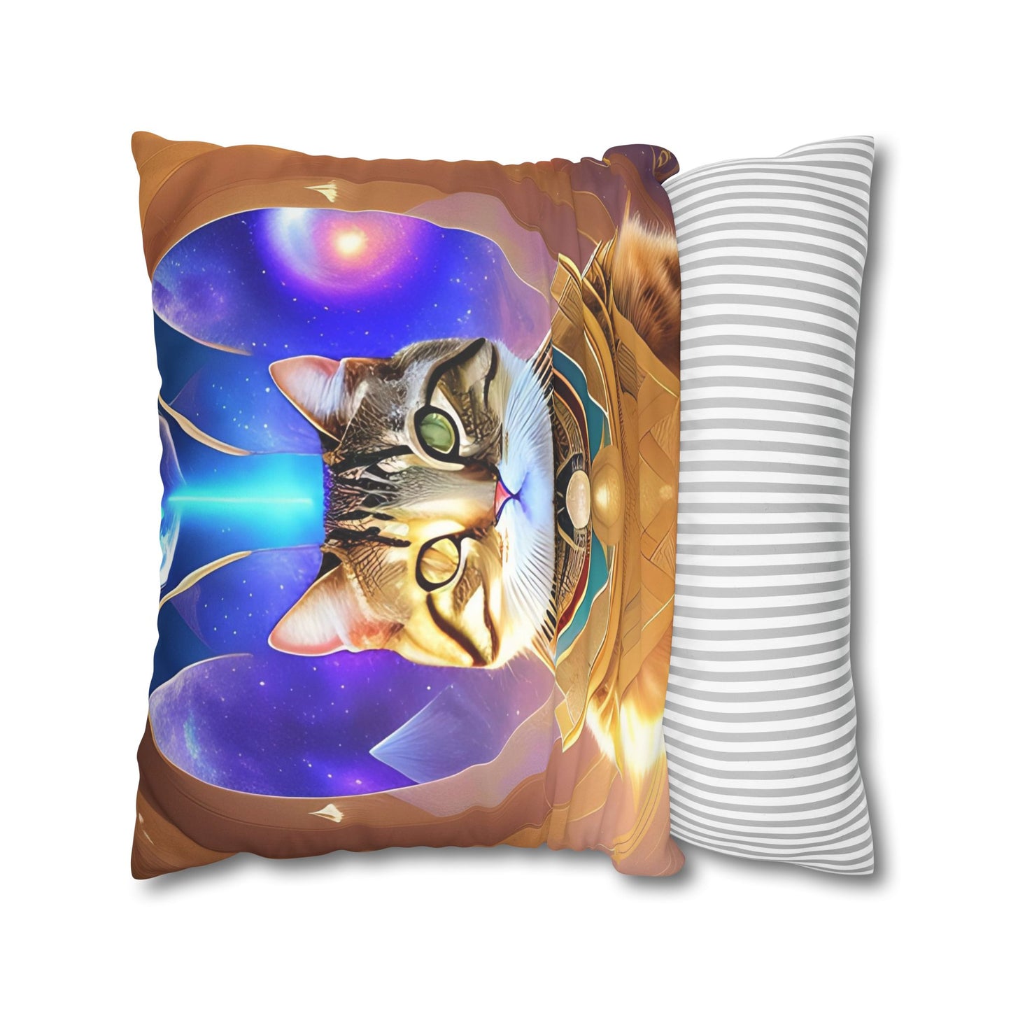 Divine Arts Faux Suede Double-Sided Square Pillow Case in Four Sizes - Fantasy Galaxy Space Cat Lover Male Brown Tabby Cat with Heterochromia in Ornate Golden Armor with Light Blue Hydroplasma Light Beam from Crown Chakra Merkaba Pillow Cover