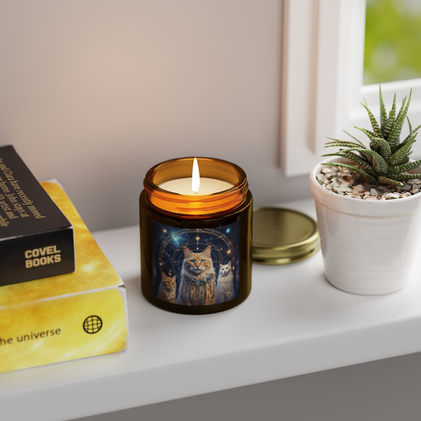 Premium Coconut Apricot Wax Scented Candles, Various Floral & Spice Fragrances (4oz), Spiritual Christmas Holiday Cat Lover Pet Gift, Ginger & White Cats Galaxy Space Fantasy Tribal Art, by Divine Arts