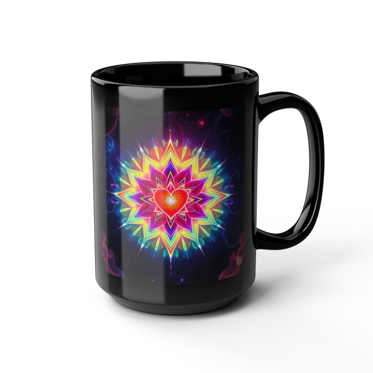 Black Ceramic Mug 15 oz— Vibrant Sacred Heart Sacred Geometry Light Body Merkaba Coffee Cup by Divine Arts