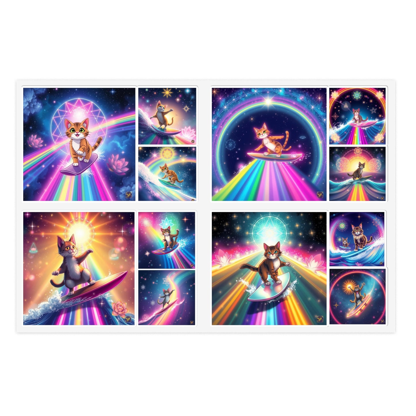 Cosmic Surfing Cat Sticker Sheets (6" x 4") — Rainbow Lotus Light Sacred Geomtry Galaxy Cat Decals by Divine Arts