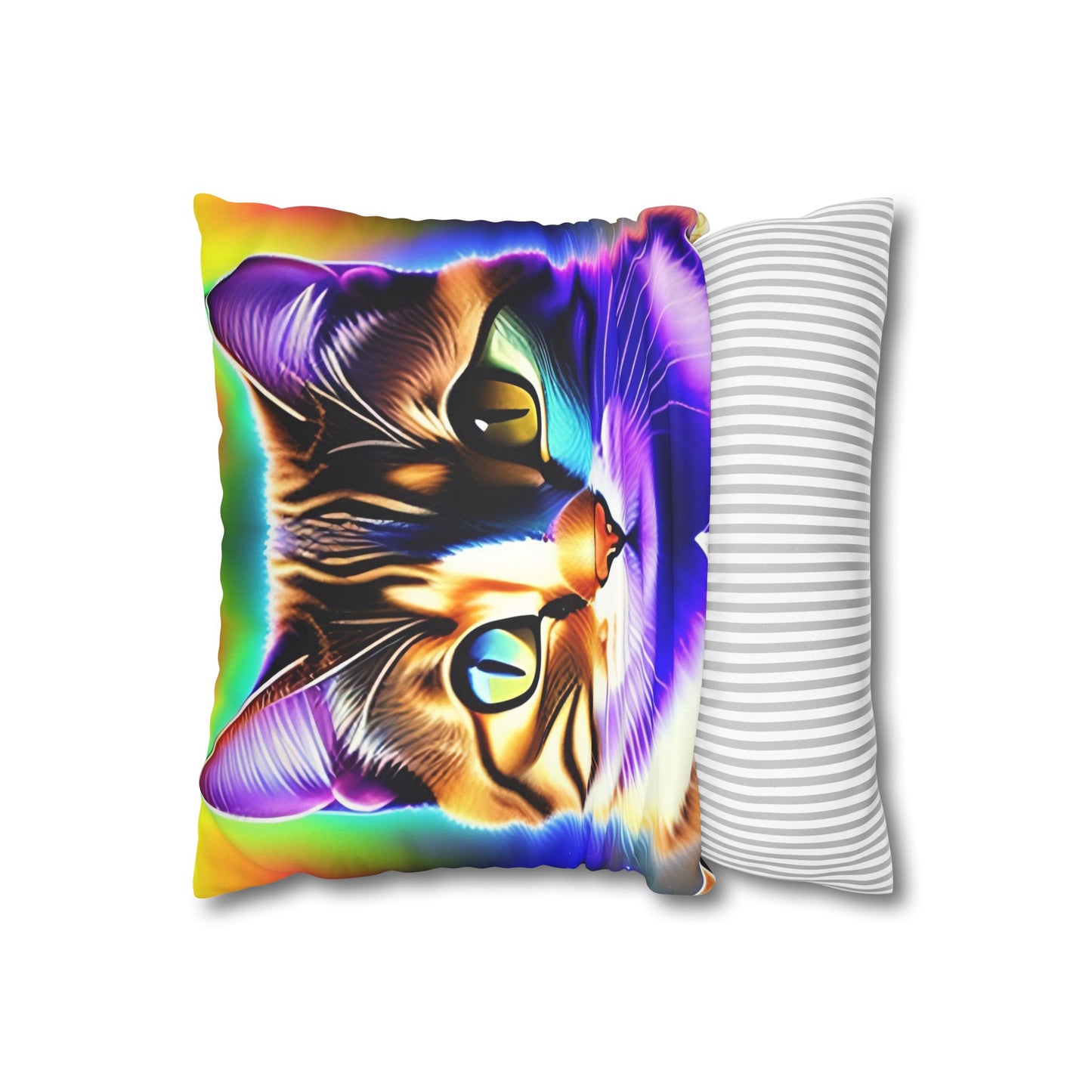Divine Arts Faux Suede Double-Sided Square Pillow Case - Fantasy Galaxy Space Cat Lover Brown Tabby Cat with Heterochromia Meditating in Rainbow Trance Colors Pillow Cover in Four Sizes