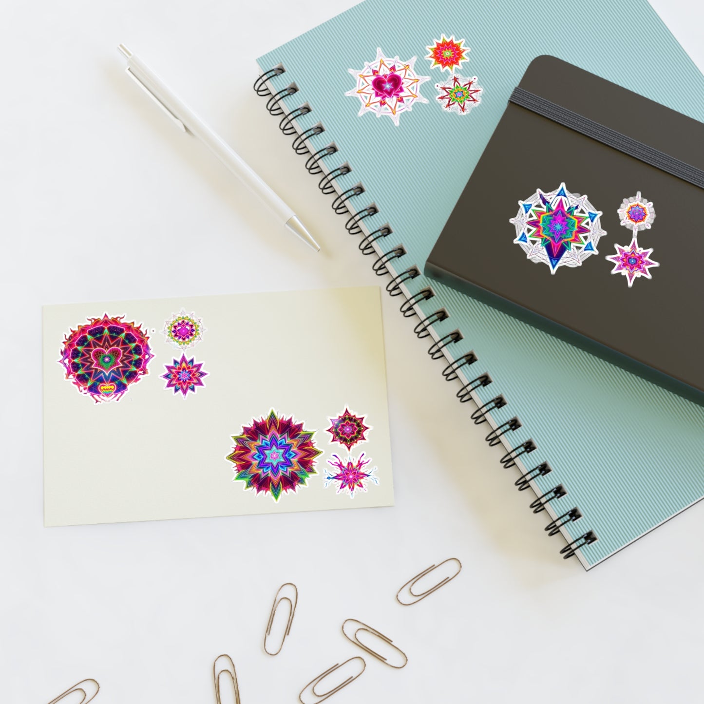 Kaleidoscope Starburst Sticker Sheet — Colorful Galaxy Art, White Transparent Holographic Die Cut Merkaba Decals by Divine Arts