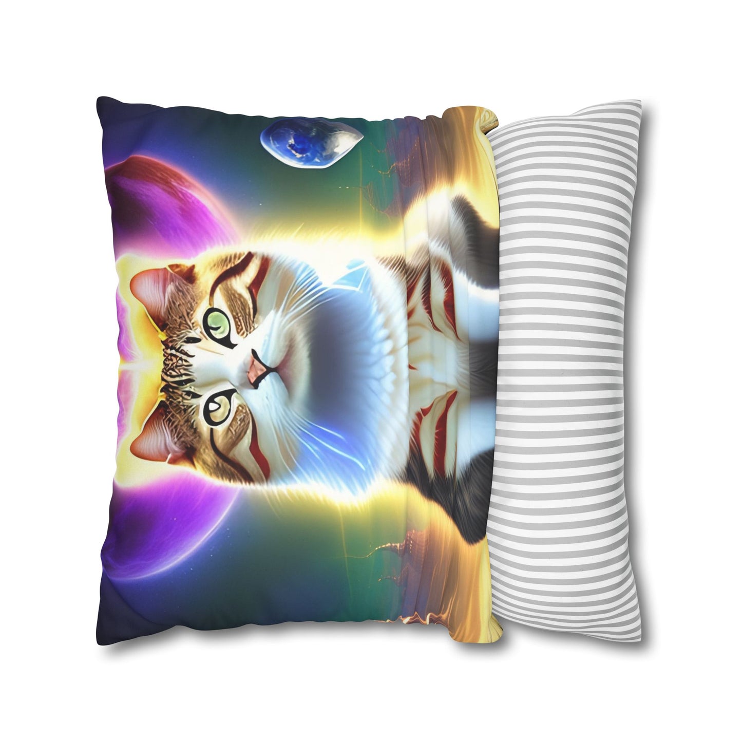 Divine Arts Faux Suede Double-Sided Square Pillow Case - Fantasy Galaxy Space Cat Lover Female Brown and White Tabby Cat with Heterochromia and a Bright Yellow & Purple Aura Spiritual Pillow Cover in Four Sizes