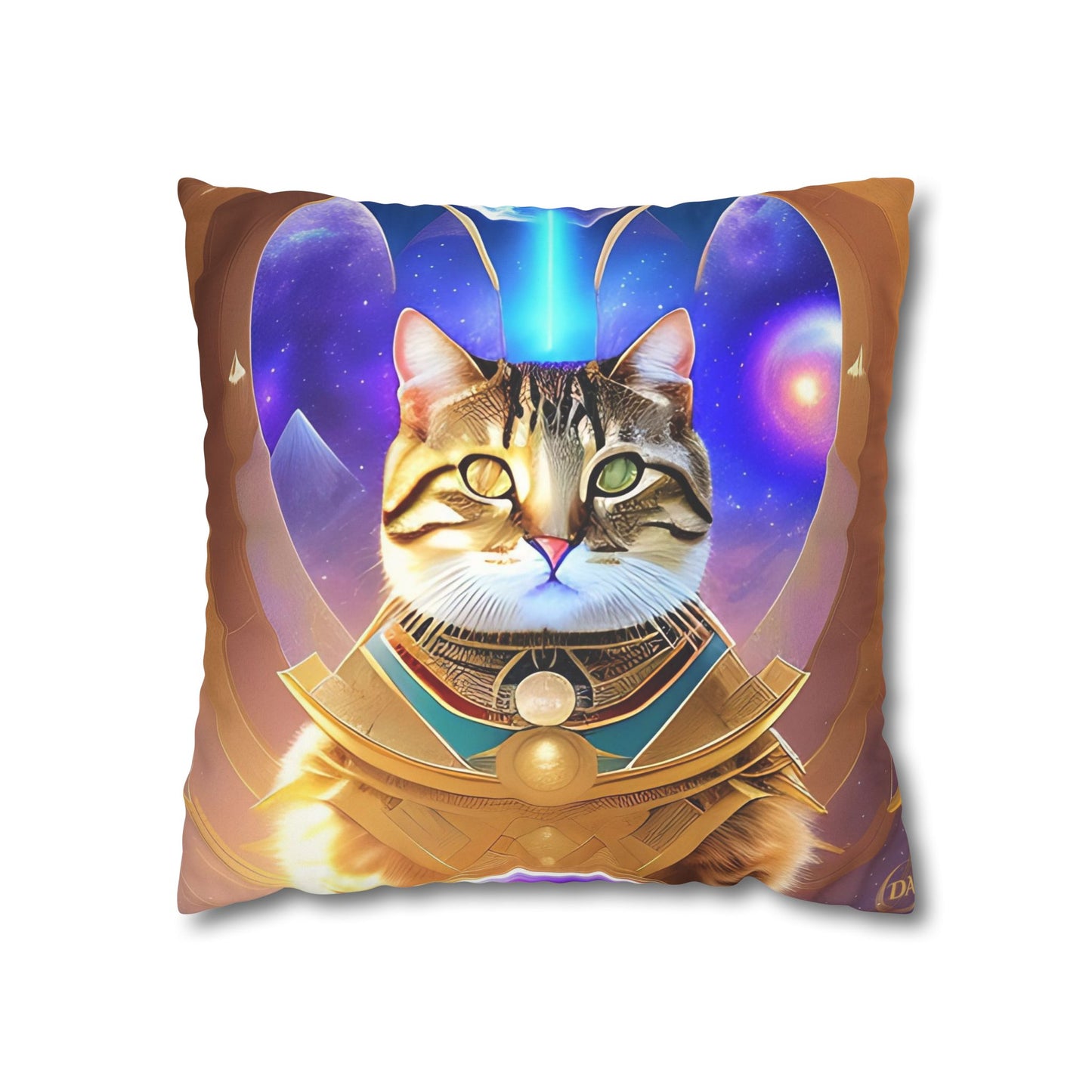 Divine Arts Faux Suede Double-Sided Square Pillow Case in Four Sizes - Fantasy Galaxy Space Cat Lover Male Brown Tabby Cat with Heterochromia in Ornate Golden Armor with Light Blue Hydroplasma Light Beam from Crown Chakra Merkaba Pillow Cover