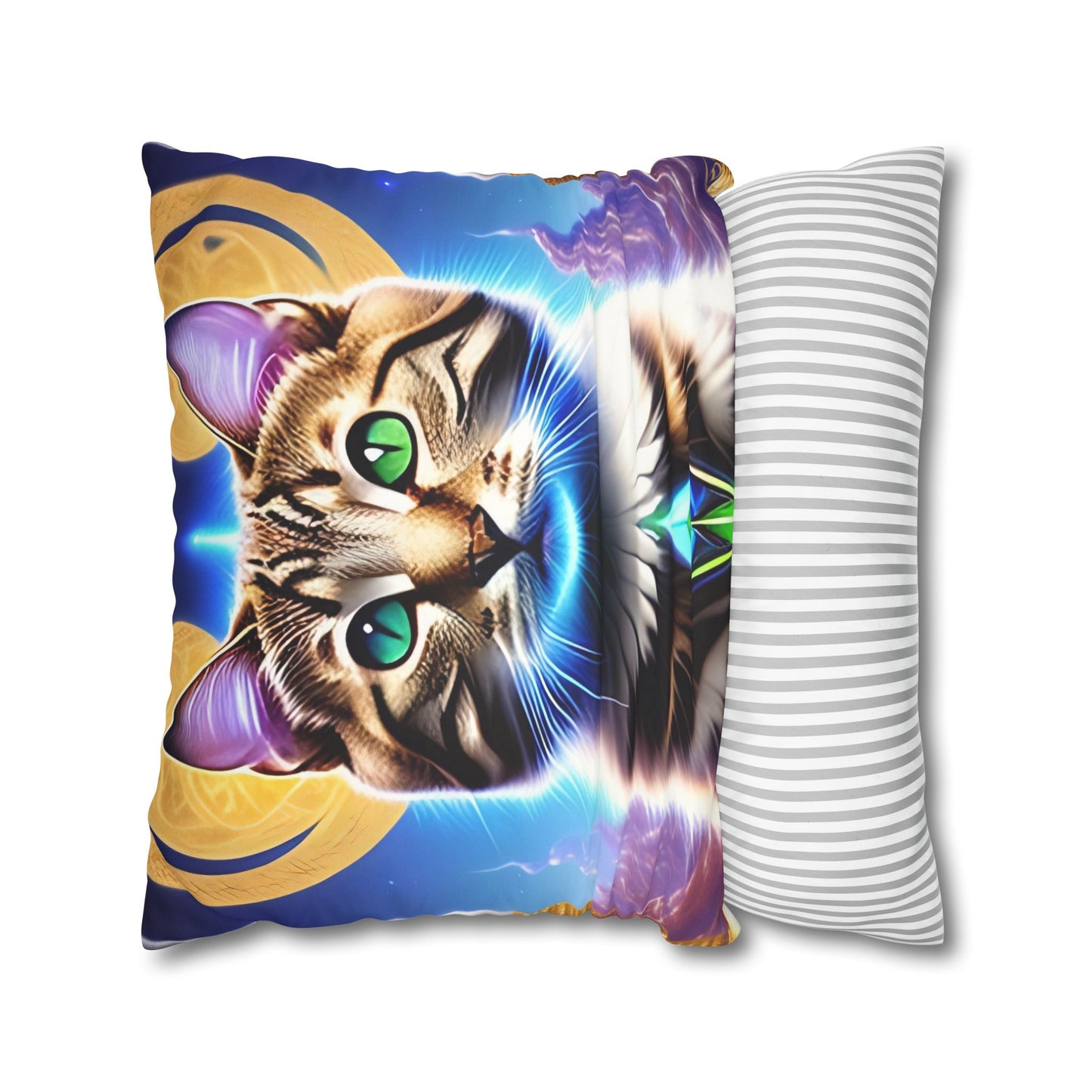 Divine Arts Faux Suede Double-Sided Square Pillow Case in Four Sizes - Fantasy Galaxy Space Cat Lover Male Brown Tabby Cat with Green Eyes Green Merkaba & Golden Aura Plates in Moutains