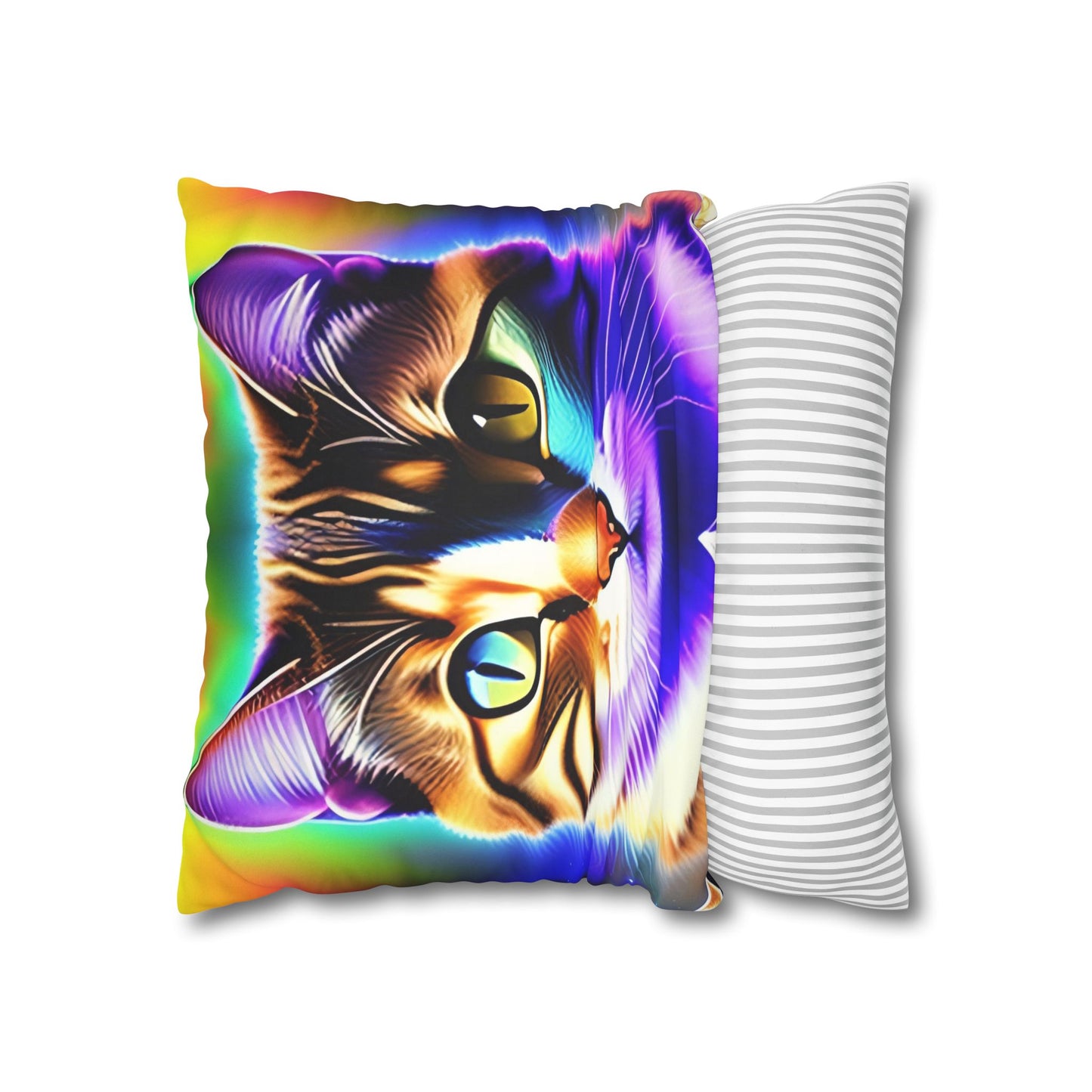 Divine Arts Faux Suede Double-Sided Square Pillow Case - Fantasy Galaxy Space Cat Lover Brown Tabby Cat with Heterochromia Meditating in Rainbow Trance Colors Pillow Cover in Four Sizes