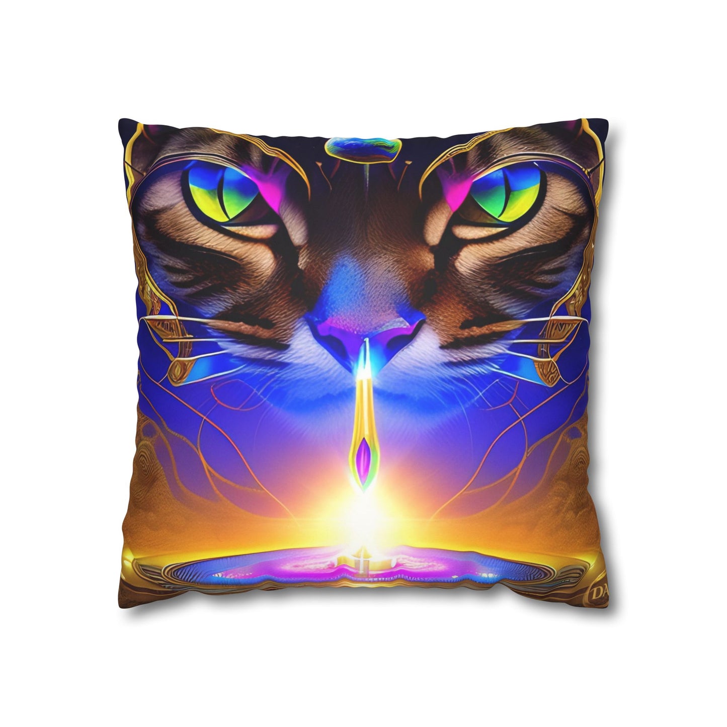 Divine Arts Faux Suede Double-Sided Art Square Pillow Case in Four Sizes - Fantasy Galaxy Space Cat Lover Male Brown Tabby Cat with Ornate Golden Face Armor and Magenta Crystal Wielding the Merkaba Pillow Cover