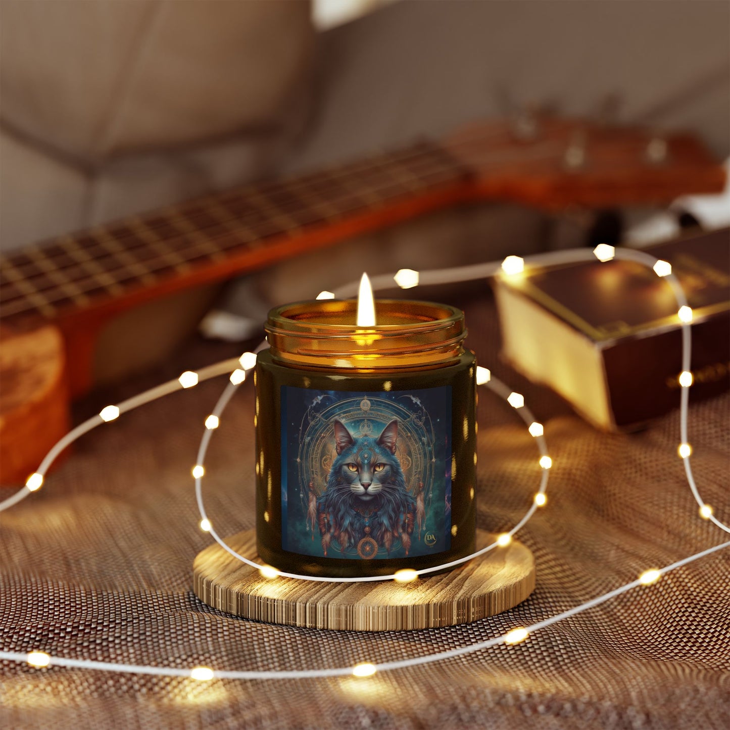 Premium Coconut Apricot Wax Scented Candles, Various Floral & Spice Fragrances (4oz), Spiritual Christmas Holiday Cat Lover Pet Gift, Gray Cat Galaxy Space Fantasy Tribal Art, by Divine Arts